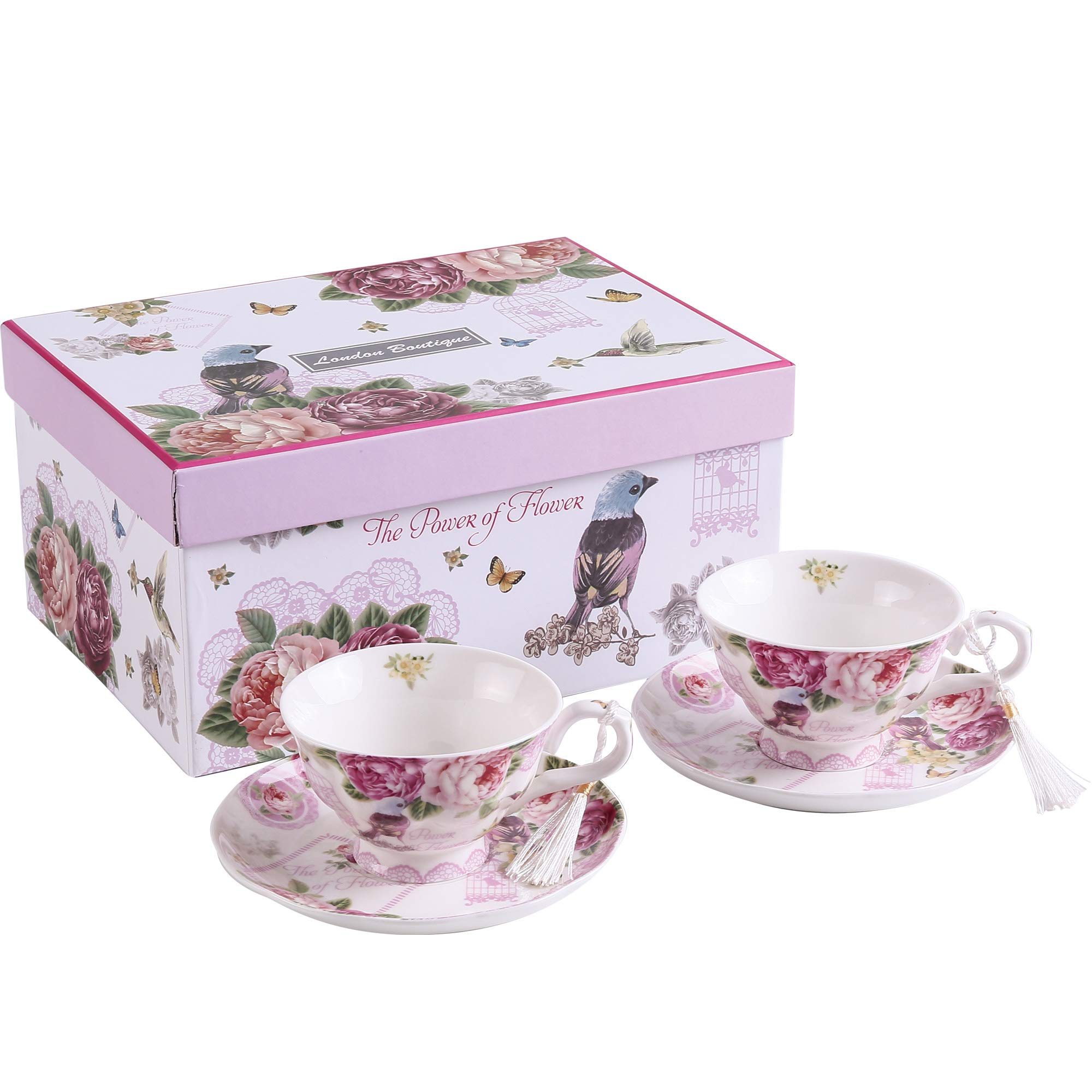 Vintage Floral Porcelain Coffee Tea Cup and Saucer Set - Shabby Chic London Boutique Style (Pink Bird Rose/Butterfly) - Perfect for Afternoon Tea, Bridal Showers & Vintage Home Decor