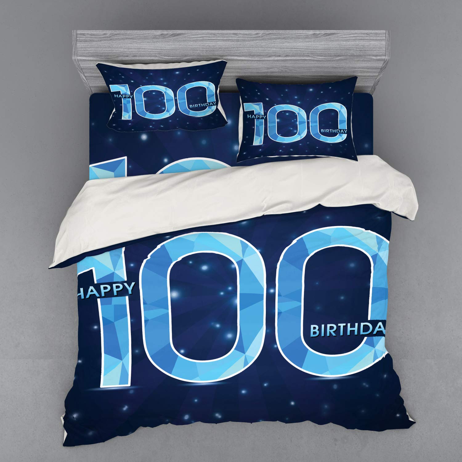 Ambesonne 100th Birthday Duvet Cover Set - King Size 4-Piece Bedding with Shams & Fitted Sheet - Sky Blue & Navy Blue Vintage Celebration Print - Perfect for Grandparents' Milestone Birthday Party & Anniversary Gifts