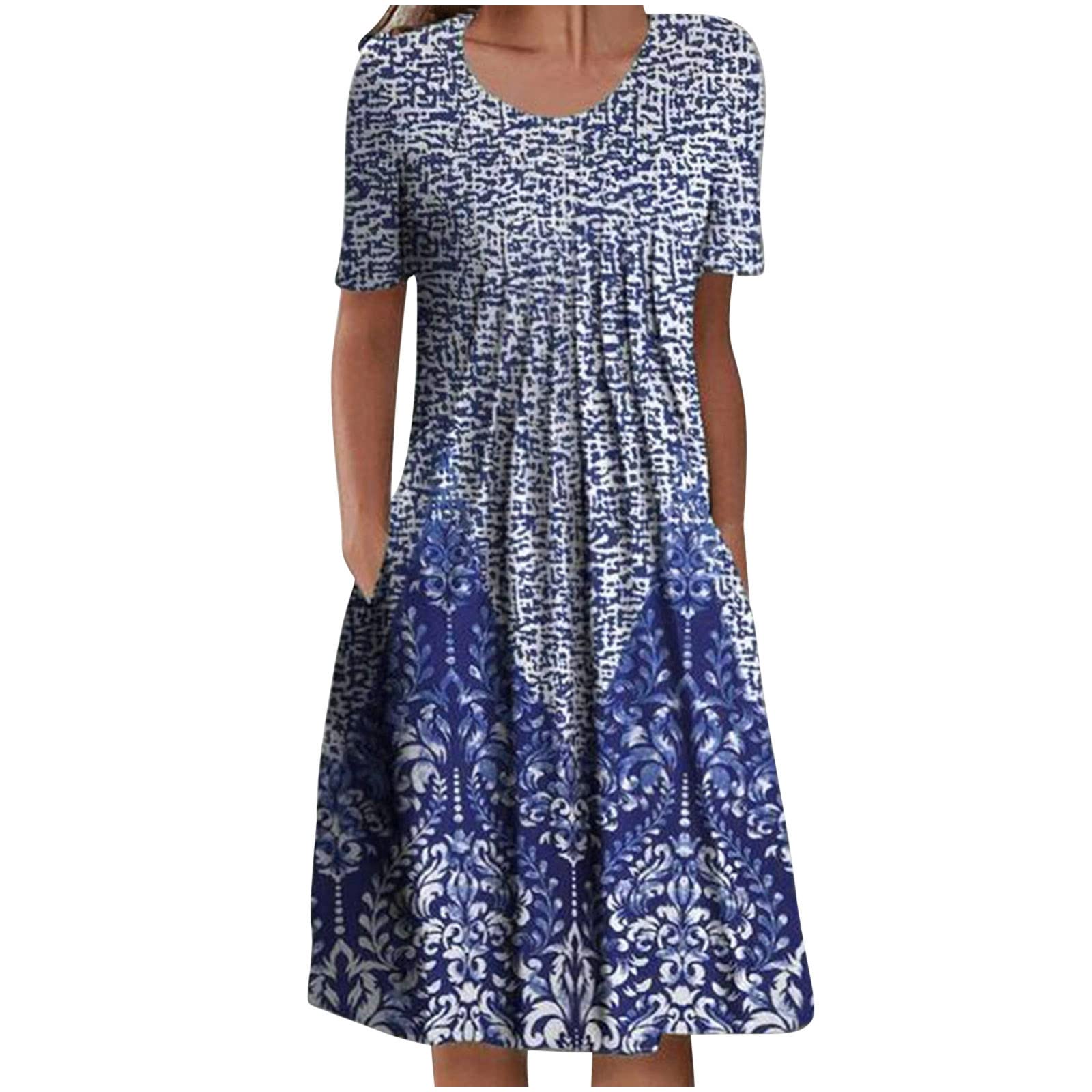 BOXIACEY Women's Summer Casual Floral Print Maternity Dress - Round Neck, Short Sleeve, Pockets, Foldable Sundress for Pregnancy, Beach, Travel & Daily Wear