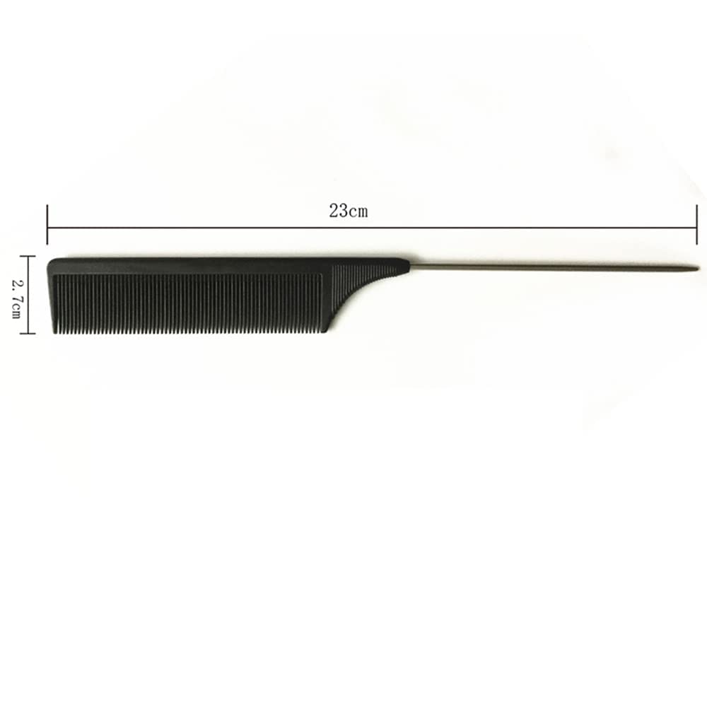 FOLELLO Professional Carbon Fiber Pin Tail Comb - Black Stainless Steel Pintail Comb for Hair Styling - Anti Static & Heat Resistant Lightweight Teasing Comb - Perfect for Salon, Home Use & Travel Hair Care