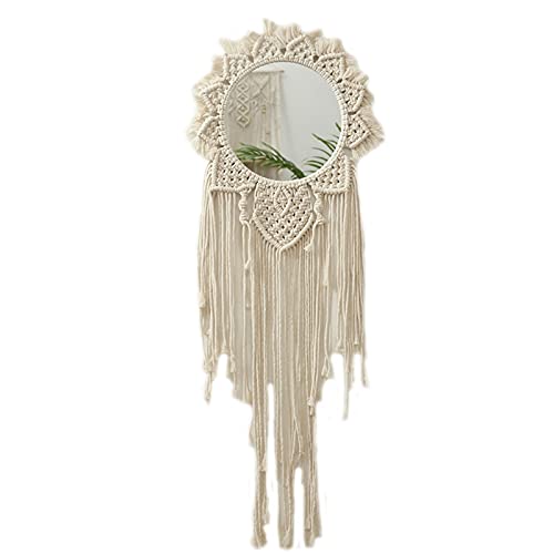 Handmade Nordic Woven Hanging Wall Mirror - Bohemian Braided Cotton Rope Sunflower Tapestry with Long Fringe Tassels - Macrame Home Decor for Bedroom, Living Room & Boho Style Interior Design