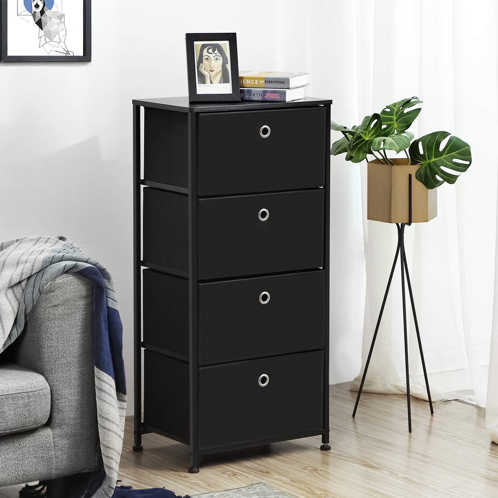 SONGMICS 4-Drawer Fabric Nightstand with Metal Frame & Wooden Tabletop - Bedside Storage Organizer for Living Room, Bedroom, Closet & Nursery - Black ULTS04H | Perfect for Small Spaces & Modern Home Decor