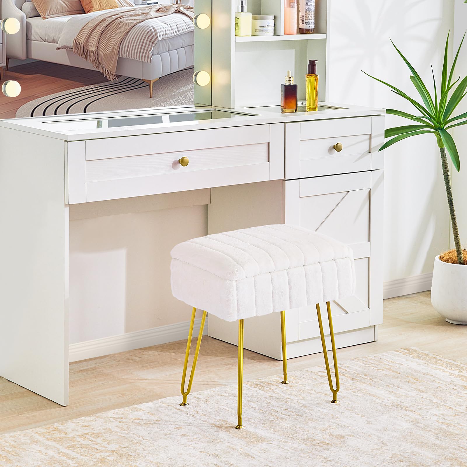 Redlife Vanity Stool with Storage - Faux Fur Makeup Chair with Gold Metal Legs, Multifunctional Footrest Ottoman for Bedroom, Dressing Room & Beauty Salon (White) - Perfect for Makeup, Reading & Relaxing
