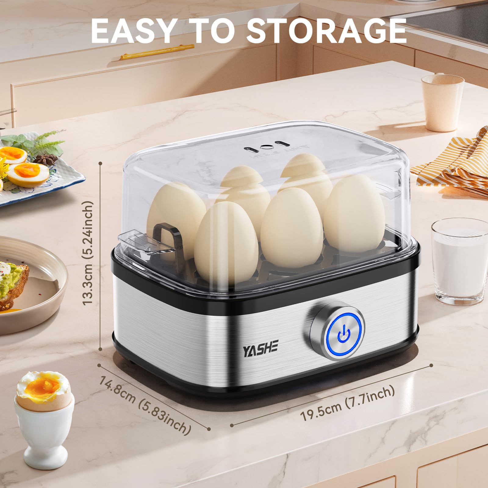 YASHE Rapid Egg Boiler - 400W Compact Electric Egg Cooker for Soft/Medium/Hard Boiled Eggs, Poached Eggs & Omelets | 6-Egg Capacity, Easy Peel, Stainless Steel Steamer with Buzzer & Indicator Light | Perfect for Breakfast, Meal Prep & Healthy Cooking