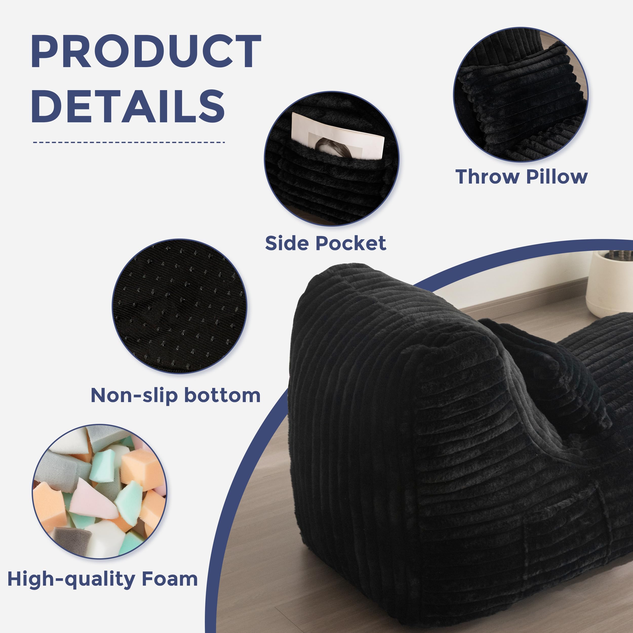 MAXYOYO Ergonomic Chaise Lounge Chair with Pillow - Soft Velvet Fabric Floor Sofa for Bedroom & Living Room - Comfortable Fainting Couch for Relaxation, Reading & Lounging - Black