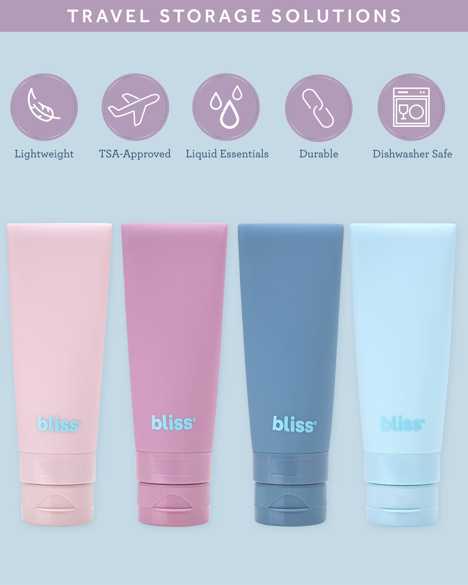Bliss Silicone Travel Bottles 4 Pack - Leakproof Refillable TSA Approved Toiletry Containers for Shampoo, Conditioner & Body Wash | Portable Mini Squeeze Bottles for Vacation, Gym, Camping & Air Travel Essentials