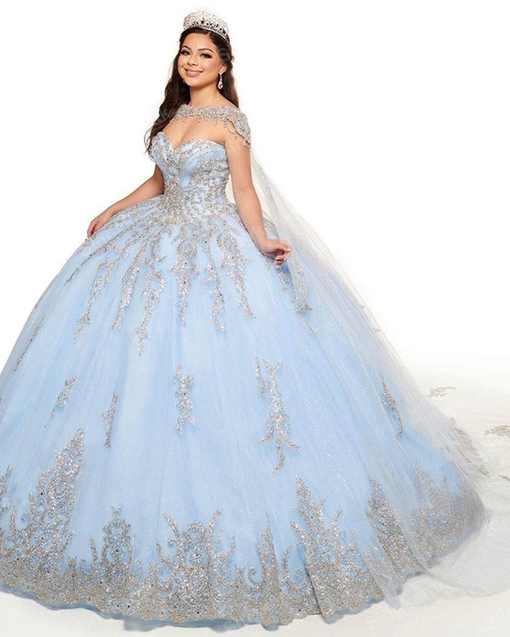 Emanni Women's Sweetheart Ball Gown Quinceanera Dress - Tulle Crystal Beaded Princess Sweet 16 Dress in Ice Blue | Perfect for Quinceañera, Prom, Wedding & Formal Events