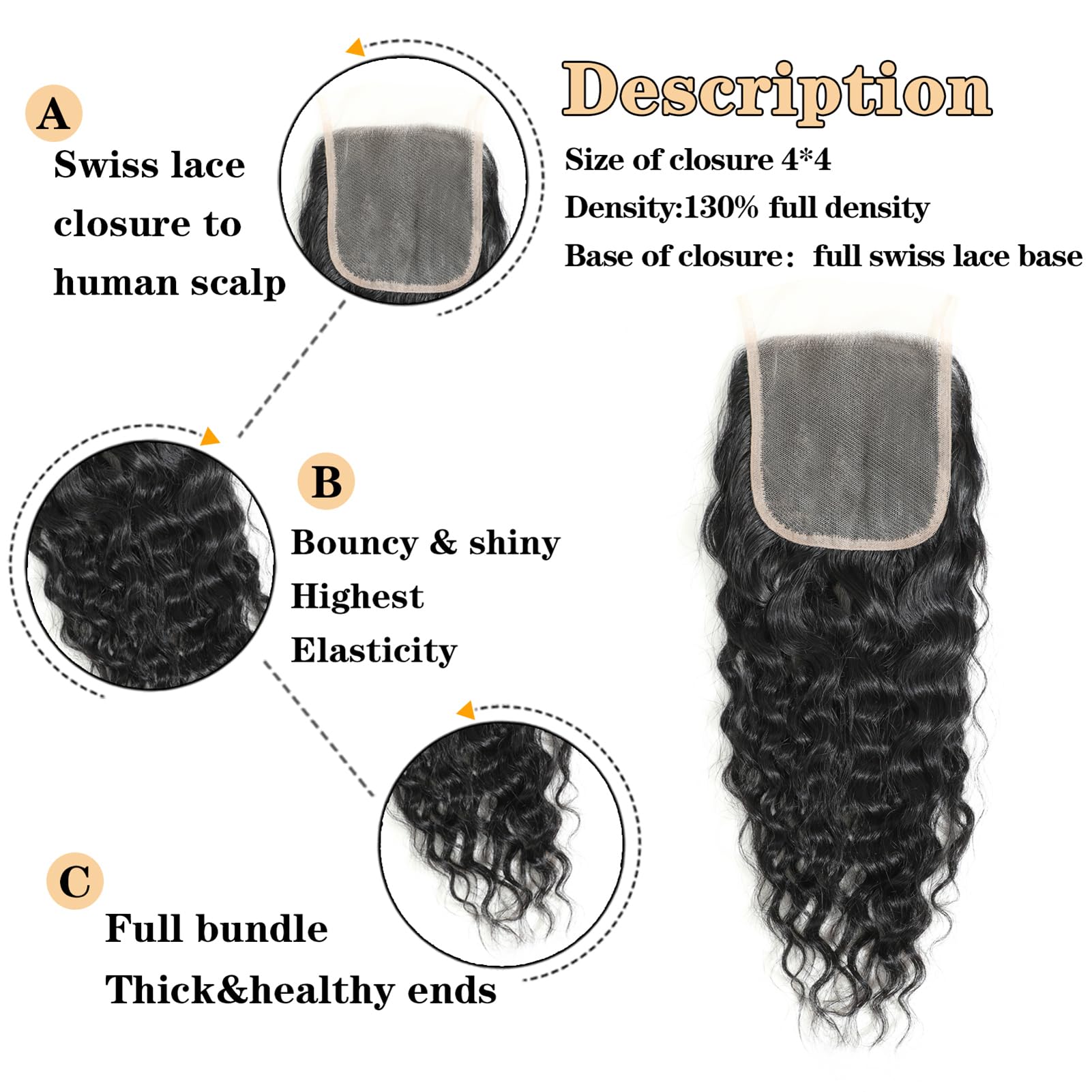 Royal Impression 12A Water Wave Bundles with Closure 100% Unprocessed Virgin Brazilian Human Hair (24 26 28+22 Inches) - 3 Bundles & 4×4 Lace Closure Natural Black for Stunning Curly Hairstyles - Perfect for Weaves, Extensions & Everyday Glam Looks