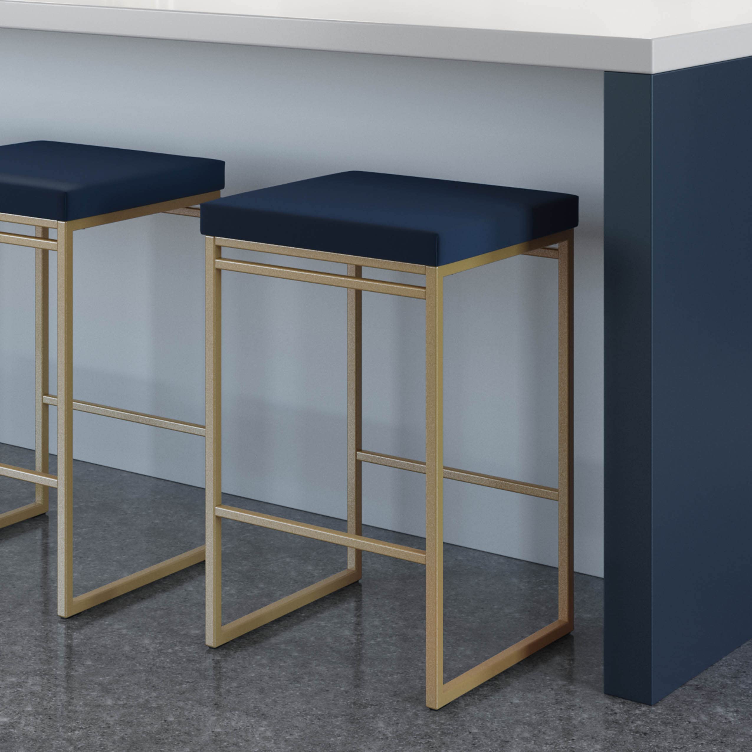 Amisco Easy 30 Inch Bar Stool - Blue Polyurethane Upholstery with Golden Metal Frame - Perfect for Kitchen Islands, Home Bars & Breakfast Nooks