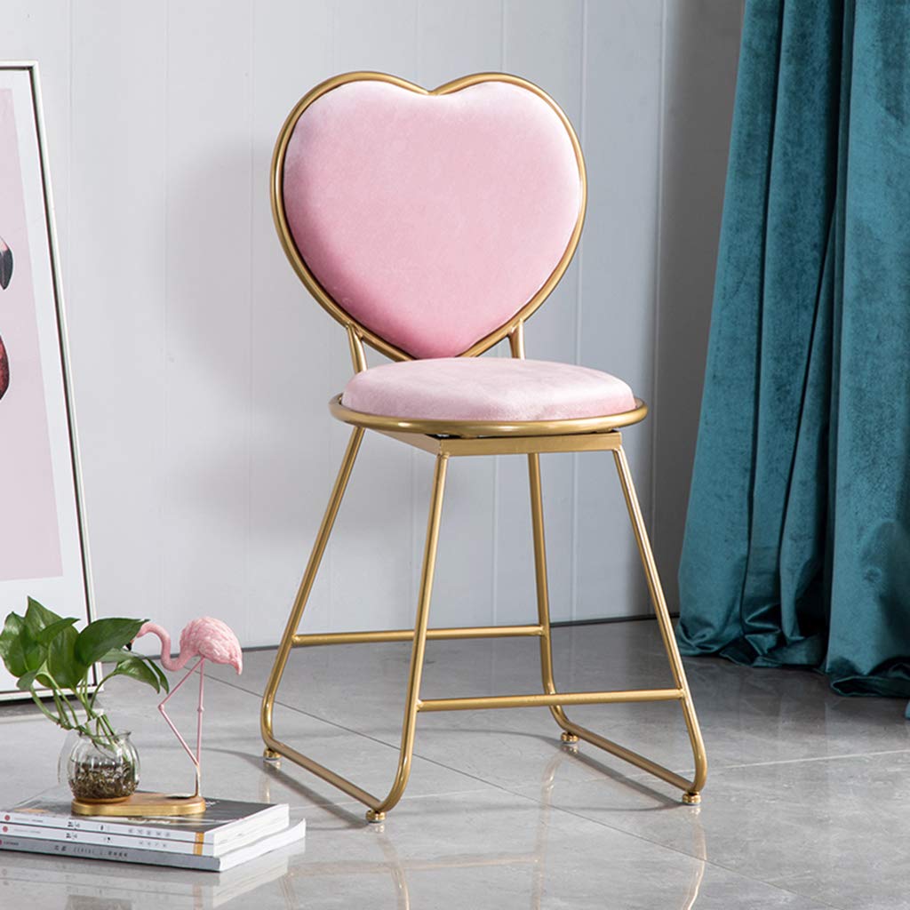 Heart-Shaped Backrest Makeup Chair - Golden Metal Dressing Table Stool with Pink Flannel Upholstery for Kids Room, Reading Nook & Vanity Decor | Perfect for Bedroom, Salon, and Beauty Studio