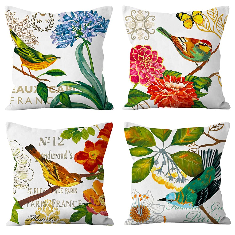 TongXi Decorative Throw Pillow Covers 18x18 Inch Set of 4 - Floral Bird Pattern Soft Cushion Covers for Sofa, Bed, Living Room Decor