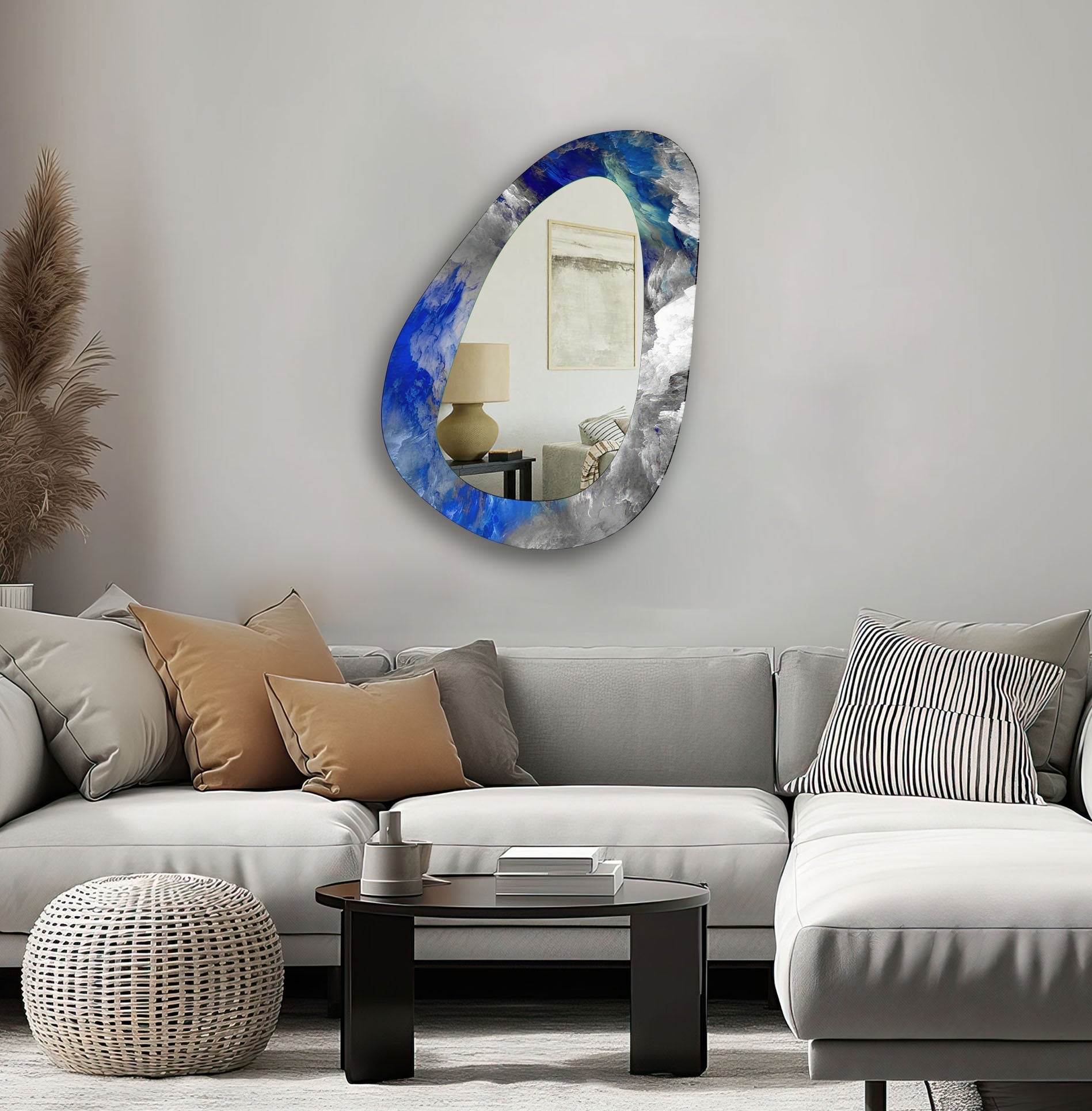 Blue Abstract Asymmetrical Glass Wall Mirror - Modern Decorative Mirror for Living Room, Bedroom, Entryway - Unique Home Decor & Stylish Wall Art