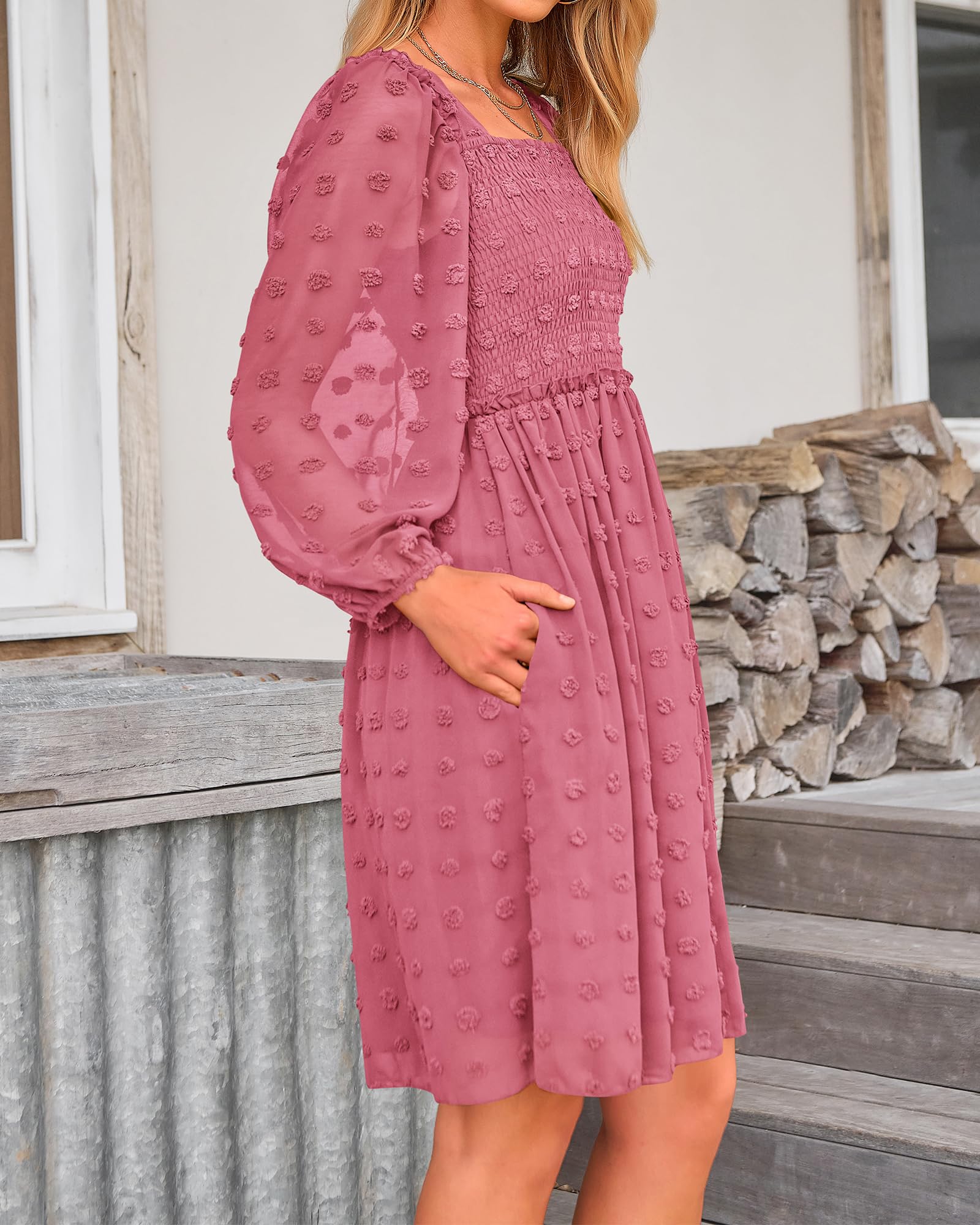 BTFBM Women's Floral Swiss Dot Smocked Mini Dress - Square Neck, Long Sleeve Boho Wedding Guest Dress for Spring & Summer 2025 | Perfect for Garden Parties, Bridal Showers & Romantic Dates