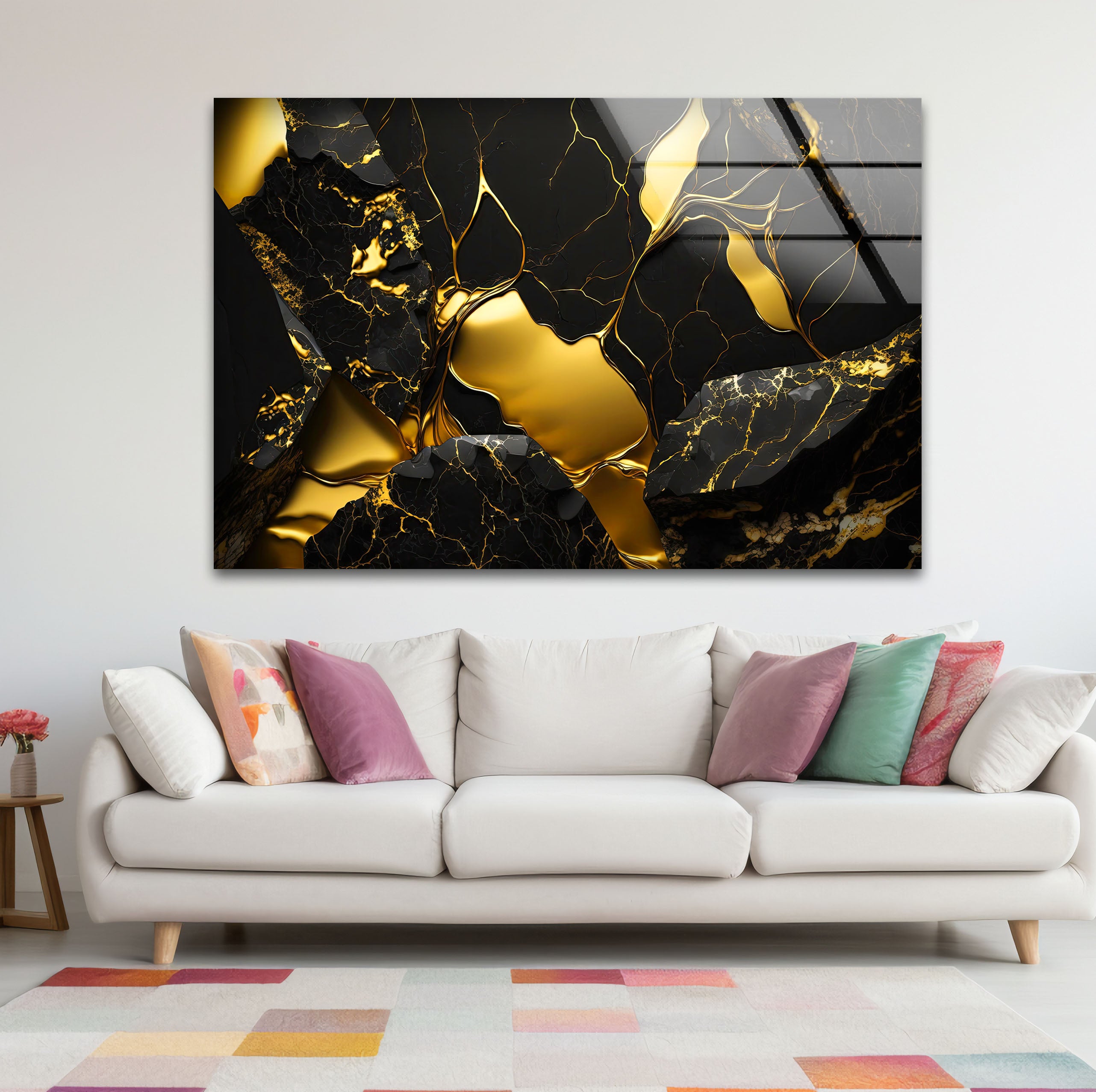 Black and Gold Abstract Wall Art - Modern Glass Print with Luxury Shine for Living Room, Bedroom & Office Decor | Elegant Home Wall Decorations