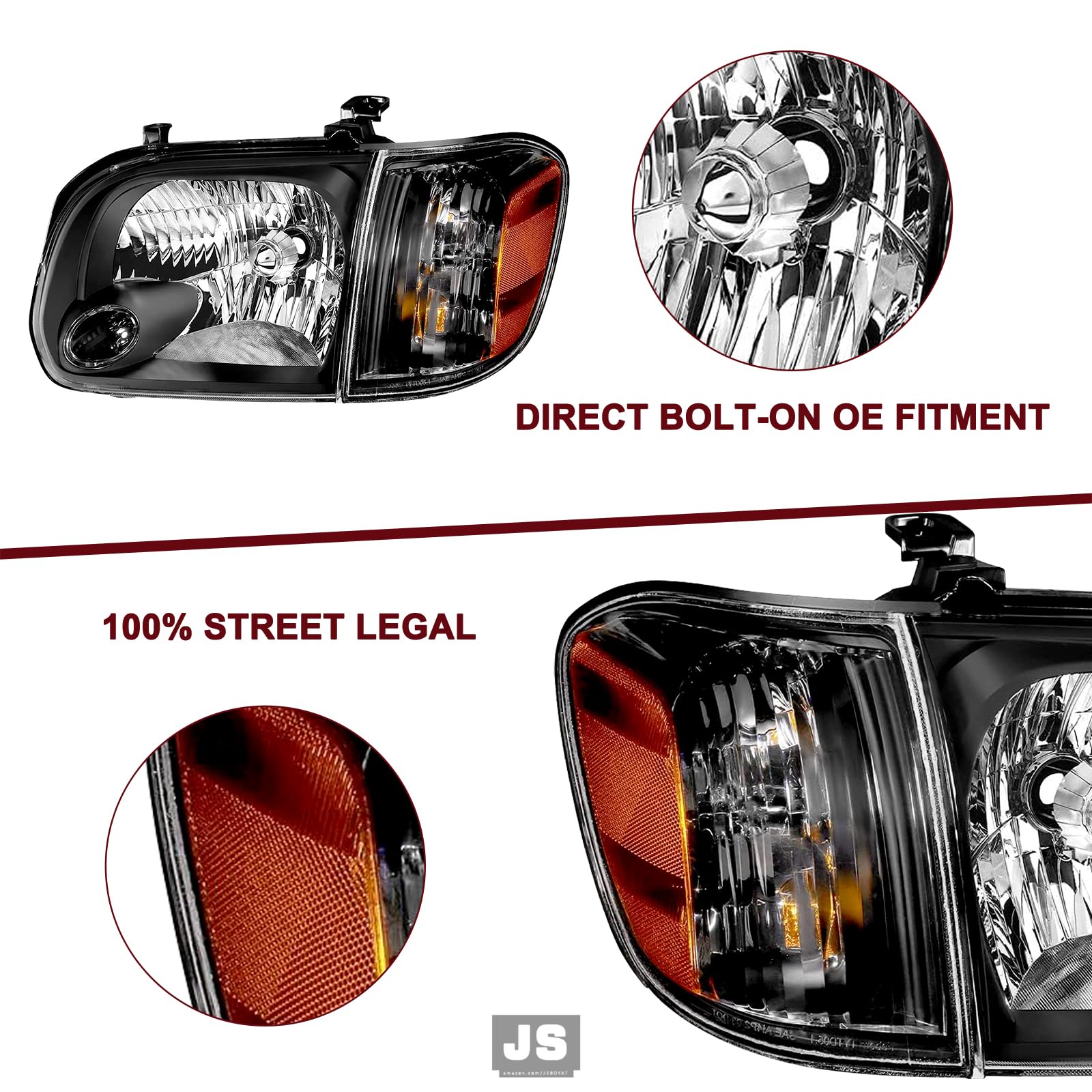 JSBOYAT Headlight Assembly for 2005-2006 Toyota Tundra Double/Crew Cab & 2005-2007 Sequoia - Black Housing with Amber Reflector - Replacement Headlamps with Corner Lights - Perfect for Off-Roading & Night Driving