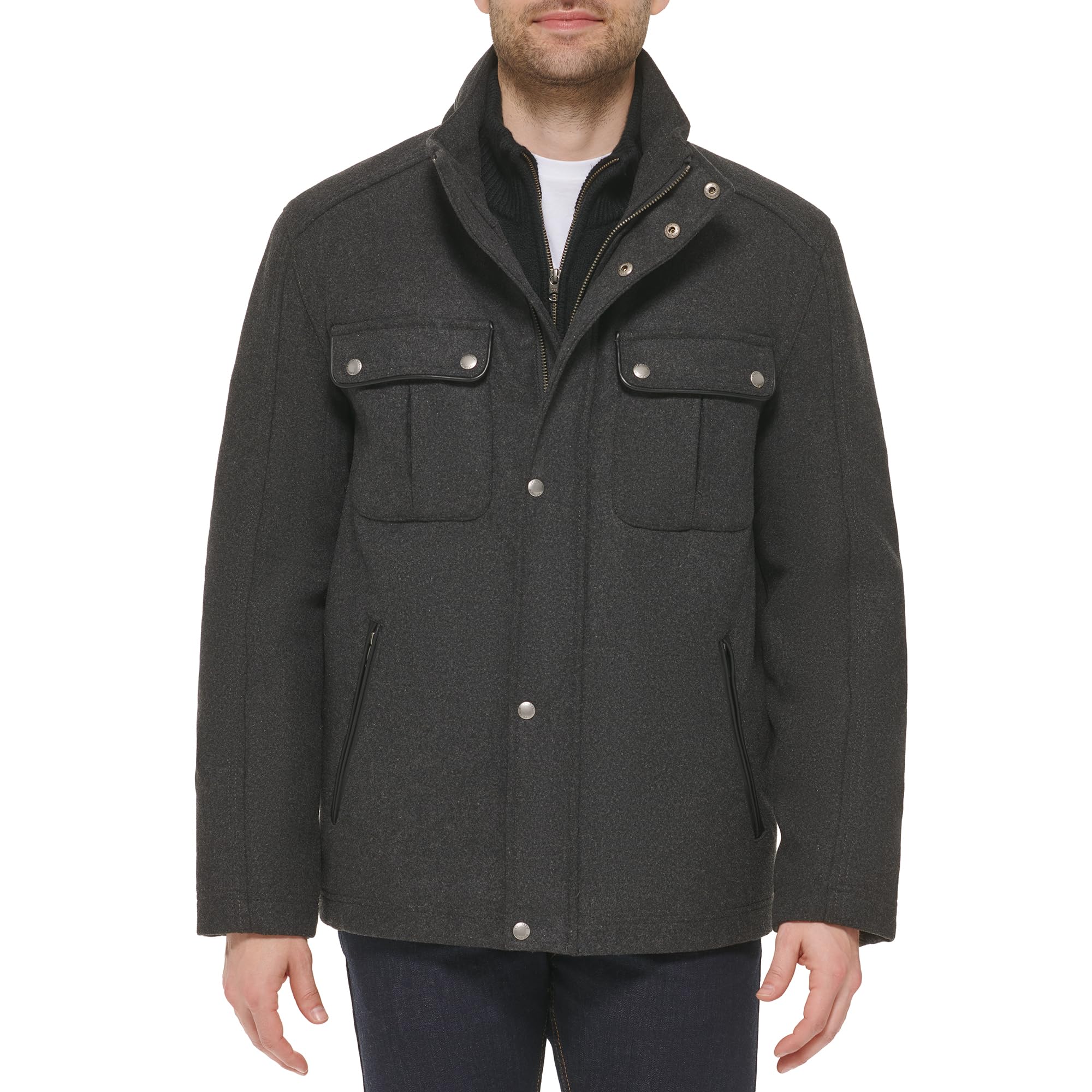 Cole Haan Men's Wool Melton Stand Collar Jacket with Patch Pockets - Winter Coat for Business Casual & Outdoor Activities
