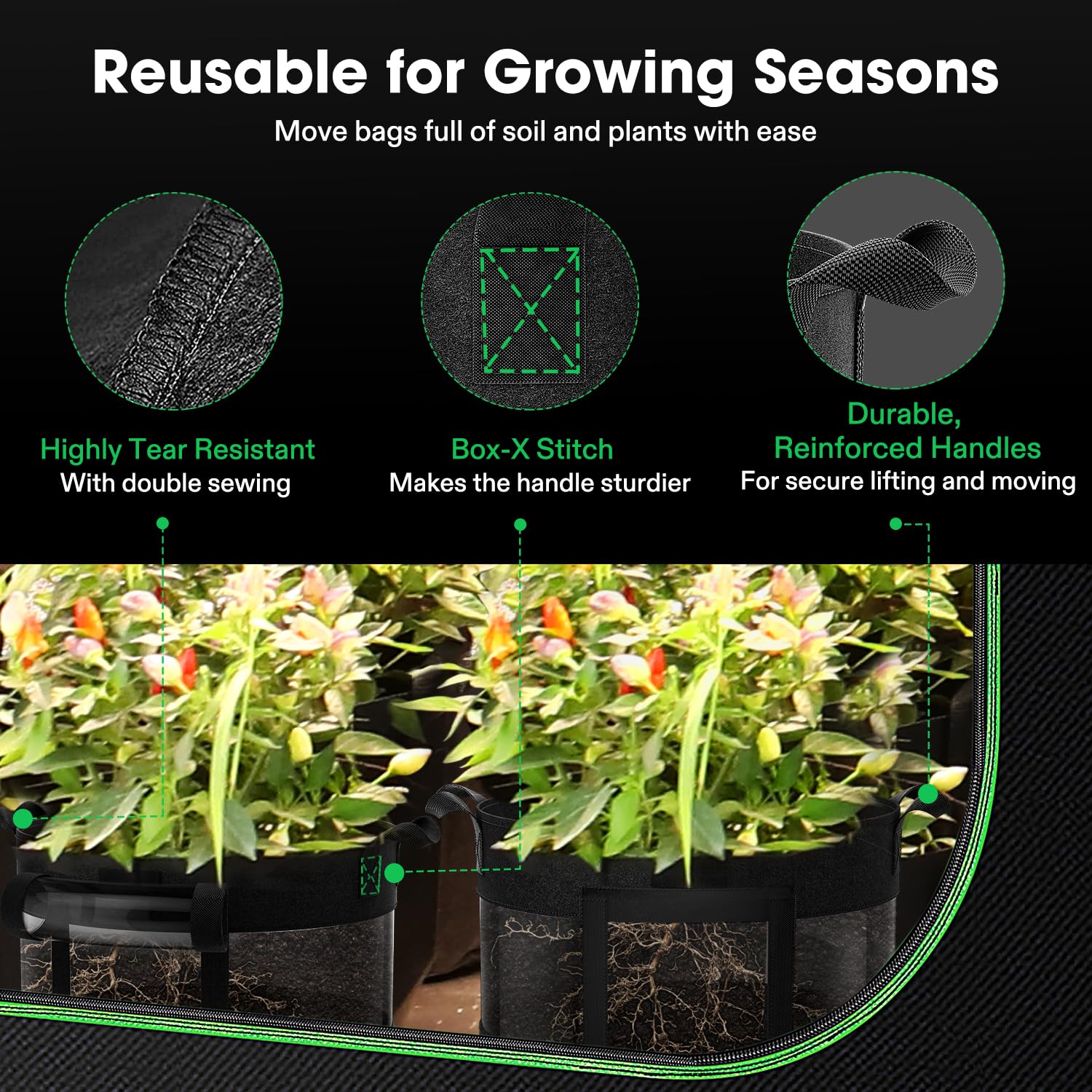 VIVOSUN 5-Pack 10 Gallon Breathable Potato Grow Bags - Thick Fabric Plant Pots with 360° Visibility & Easy Harvest Window - Ideal for Growing Potatoes, Sweet Potatoes, Carrots & Vegetables - Perfect for Indoor/Outdoor Gardening, Balcony & Patio Planting