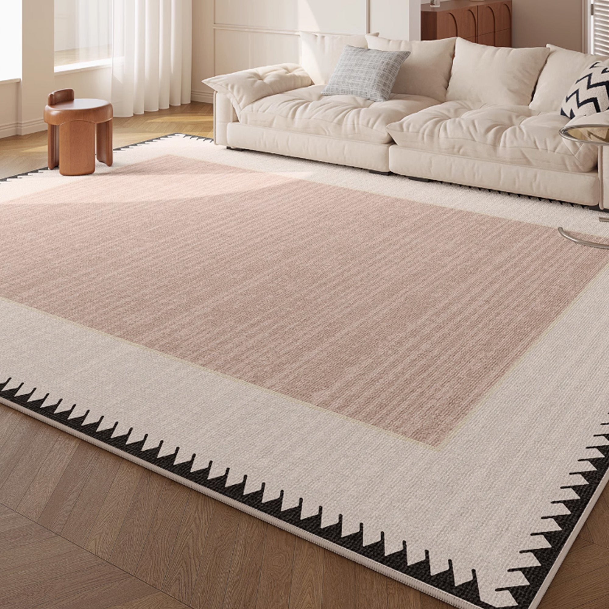 Easy Clean Blush Geometric Border Spillproof Pet Friendly Modern Area Rug - Stain Resistant Non-Slip Living Room Carpet for Home Decor & Cozy Spaces