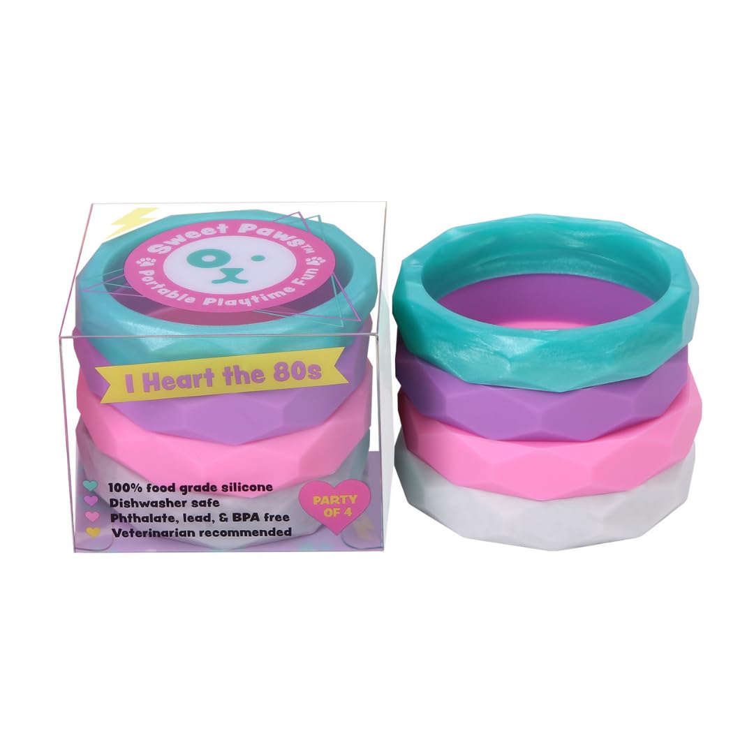 Sweet Paws Puppy Teething Rings - 4 Pack, Food Grade Silicone Chew Toys for Small to Medium Dogs, Puppy Teething Relief & Nipping Solution (0-6 Months) - 80s Retro Design - Perfect for Soothing Sore Gums & Training Playtime