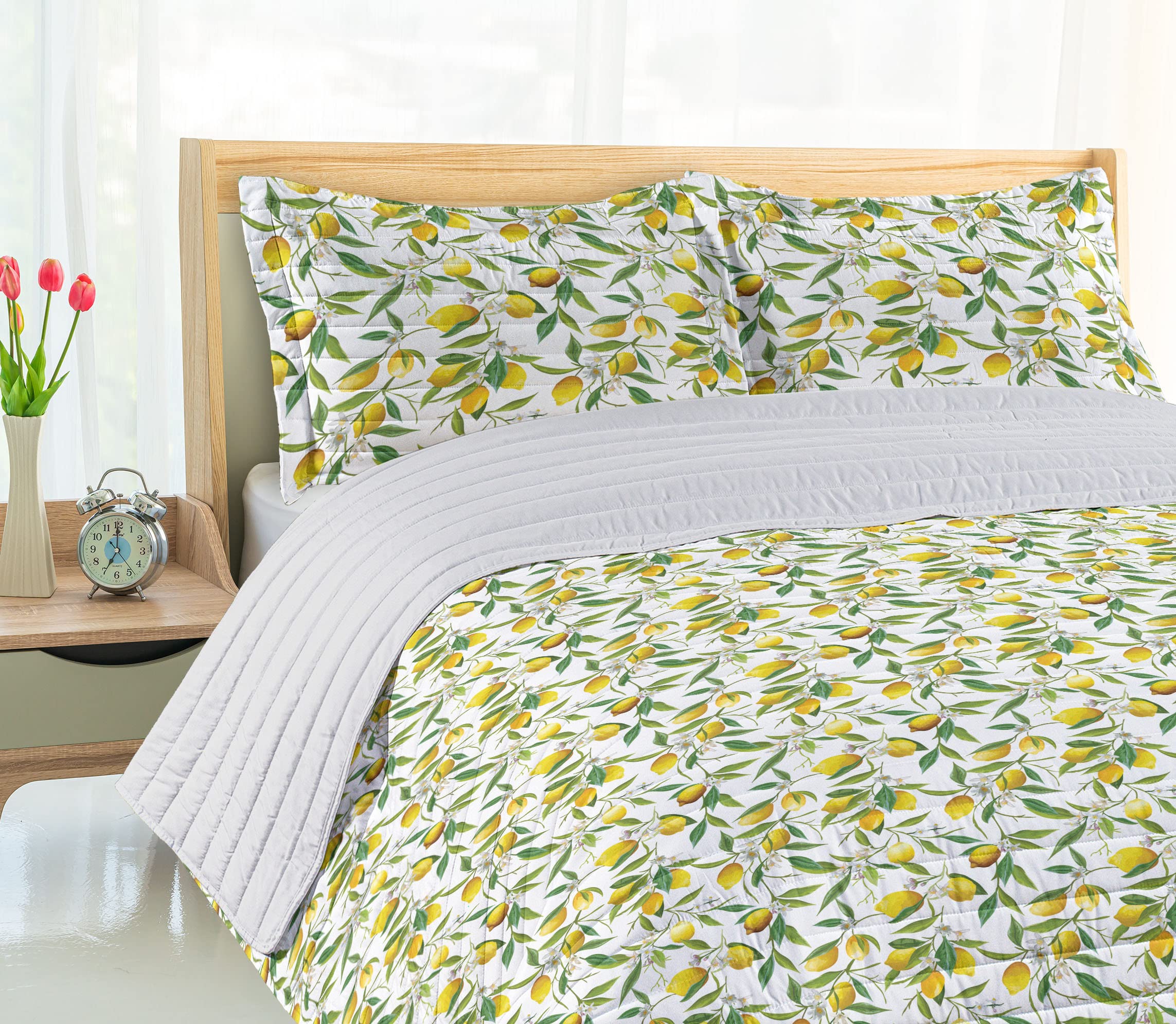 Ambesonne Queen Size Microfiber Bedspread Set - Flowering Lemon & Citrus Print, Soft Bedding with Pillow Shams & Comforter in Fern Green, Yellow & White | Nature-Inspired Bedroom Decor for Spring & Summer Refresh