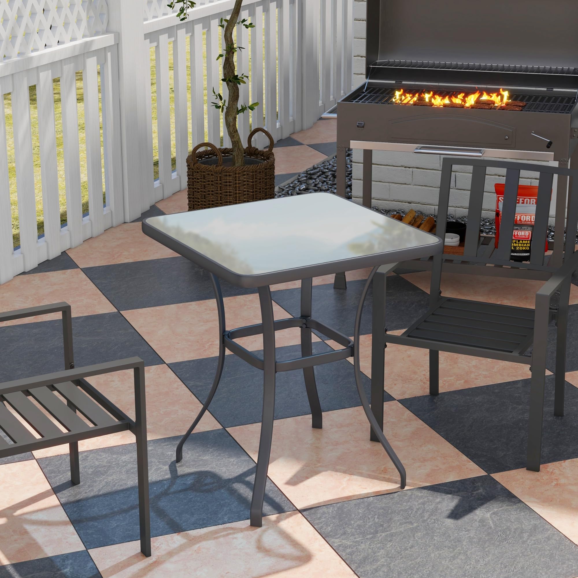 Outsunny 27 Inch Square Bistro Table - Outdoor Garden Dining Table with Tempered Glass Top for Patio, Balcony, and Backyard Relaxation