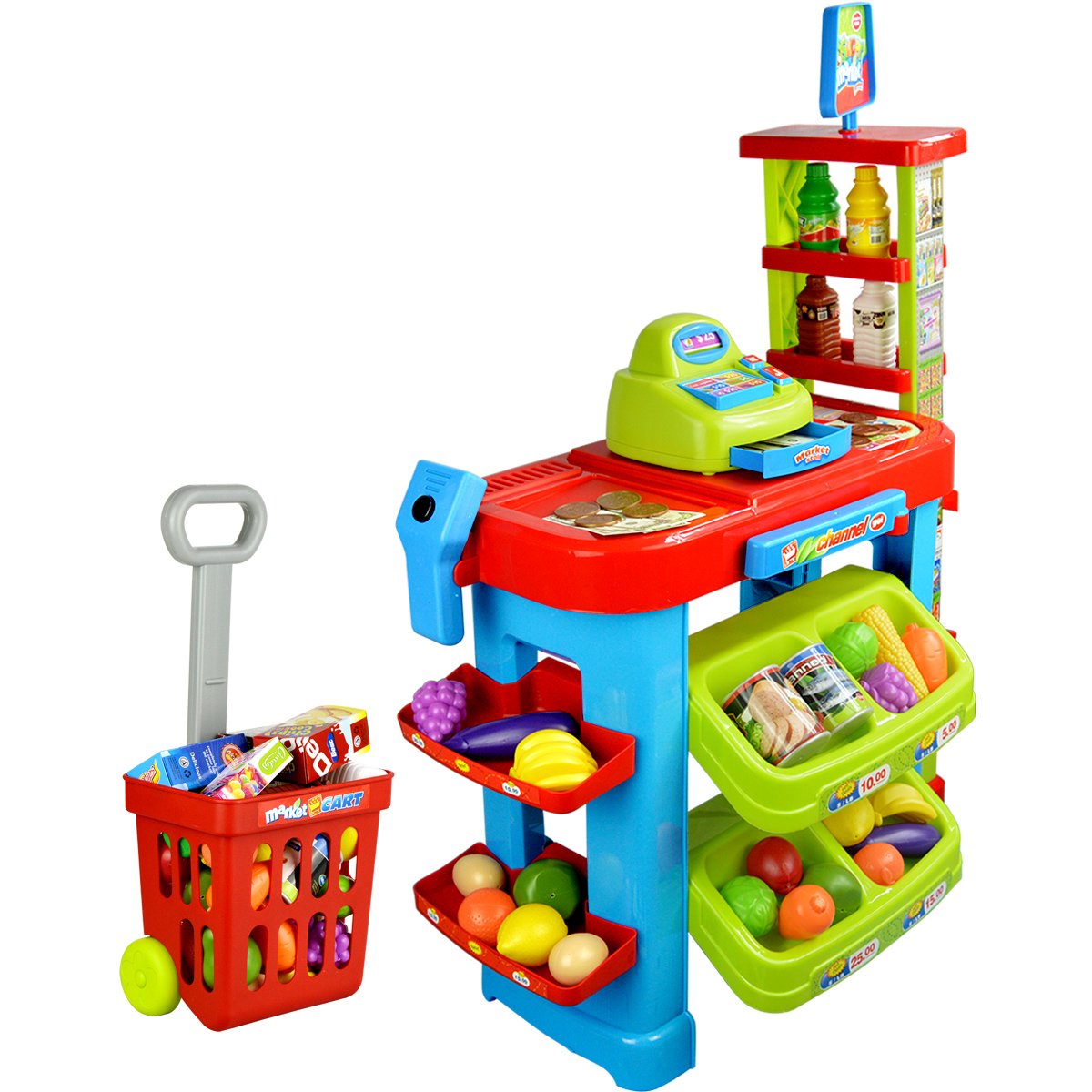 PowerTRC Kids Supermarket Toy Playset - Pretend Play Grocery Store with Shopping Cart, Food & Cash Register - Fun Educational Toy for Toddlers & Preschoolers (Great for Role Play & Learning)