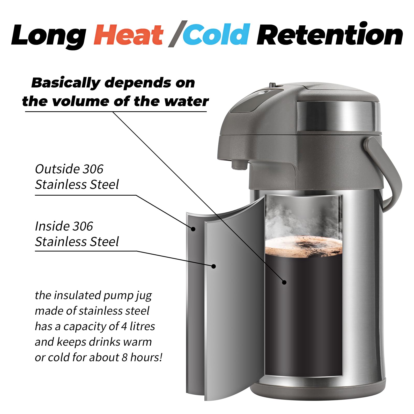 Stainless Steel Coffee Carafe with Pump - 4L Thermal Dispenser for Hot Drinks | Office & Catering Use