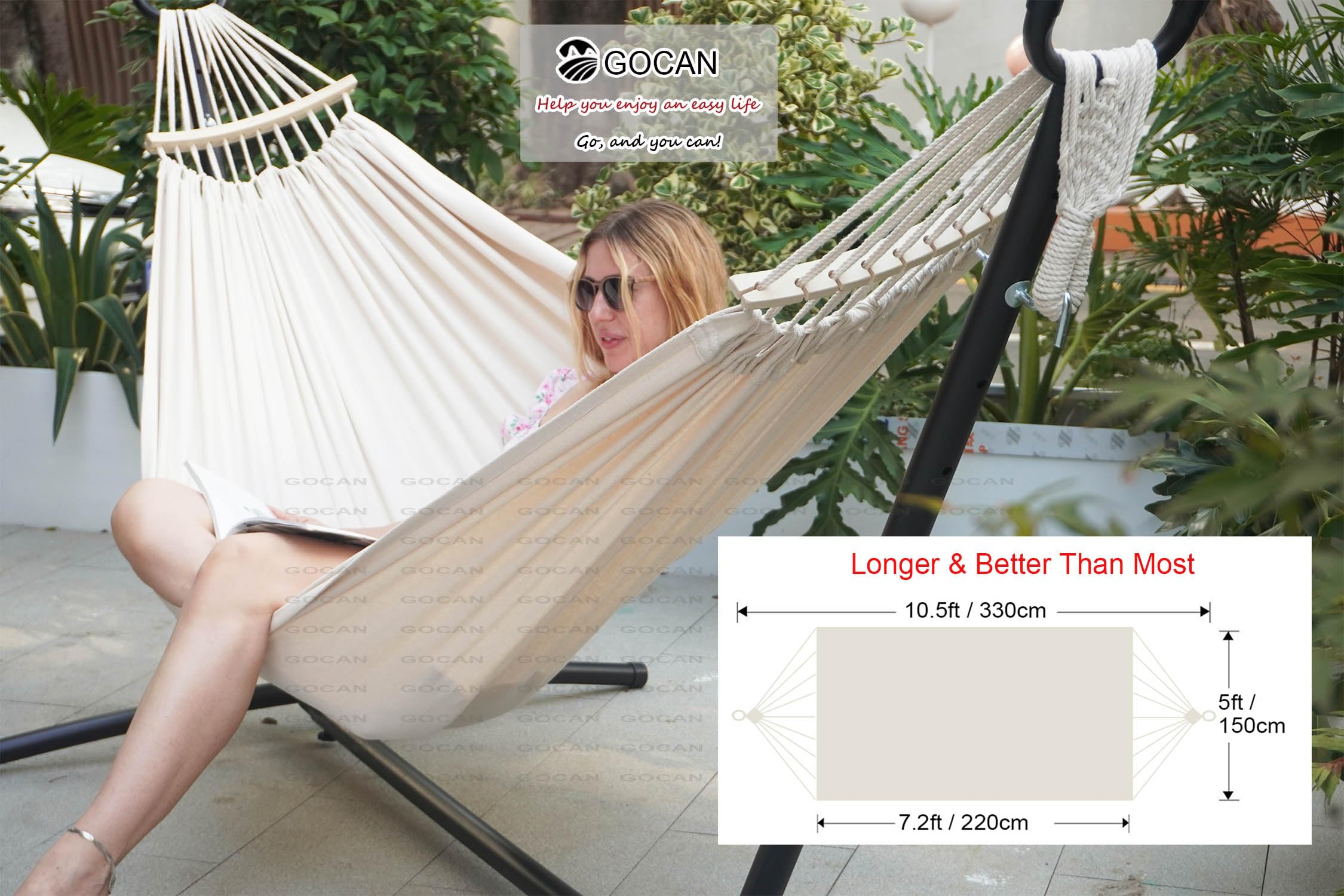 Double Hammock for 2 Persons - Large 220x150cm with Steel Stand & Removable Spreader Bar - Supports 500lb - Heavy Duty Canvas Cotton Hammock for Patio, Porch, Garden, Backyard - Perfect for Outdoor Relaxation & Indoor Lounging