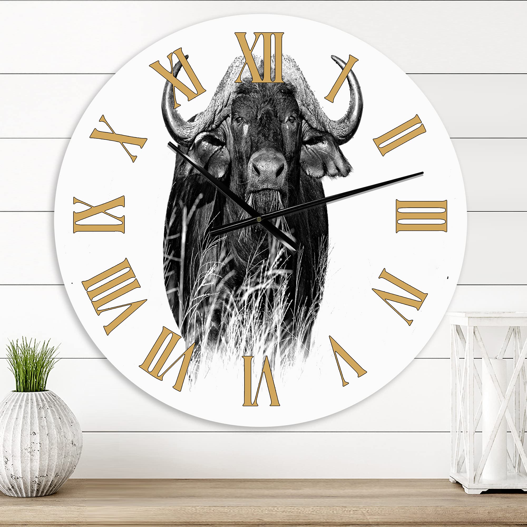 Farmhouse Wall Clock - Large Buffalo Animal Portrait in Monochrome for Living Room & Home Decor | Perfect for Rustic, Vintage, or Western Style Interiors