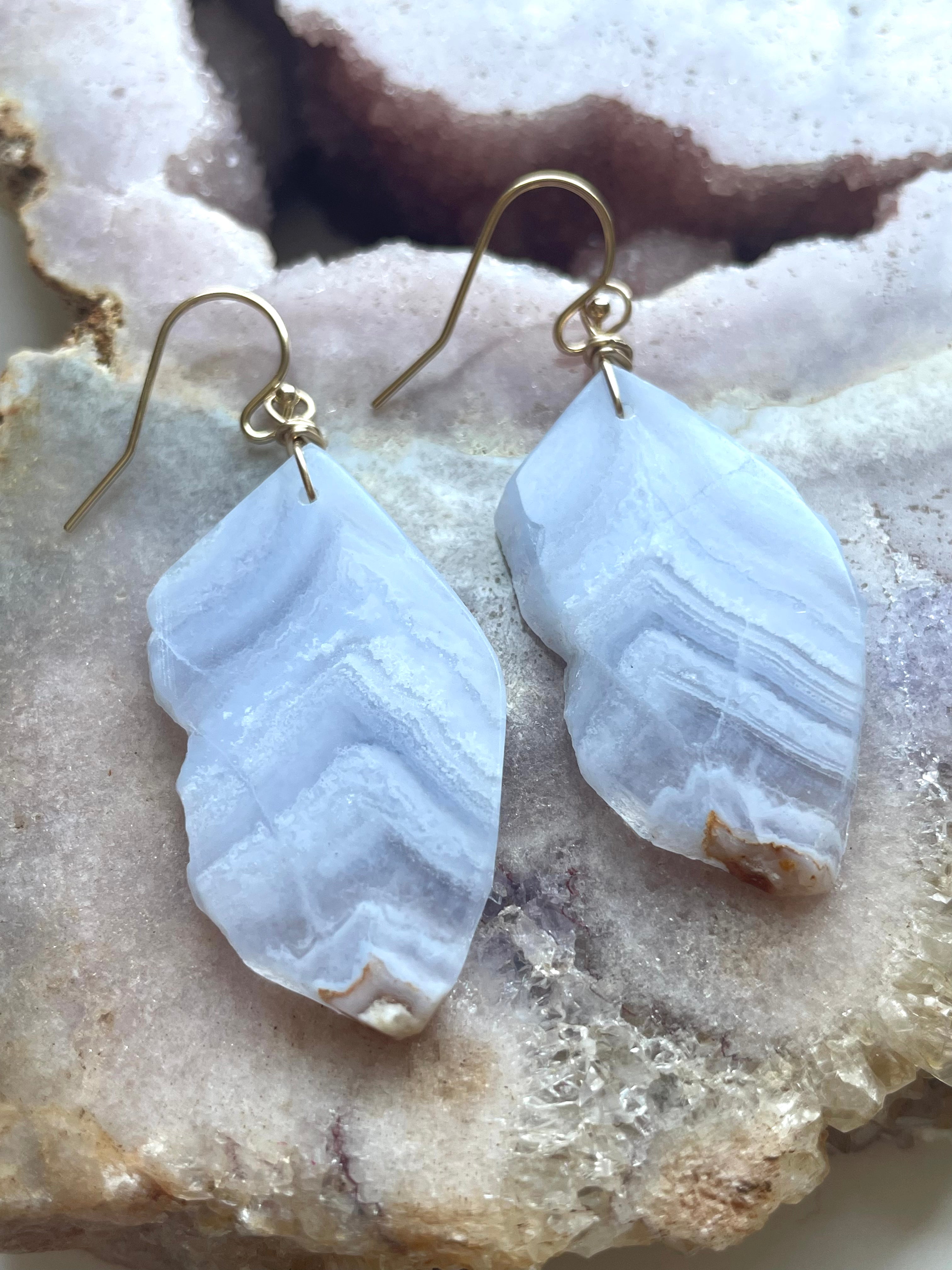 Large Blue Lace Agate Gold Filled Statement Crystal Gemstone Earrings for Women | Elegant Dangle Drop Earrings for Party, Wedding & Special Occasions