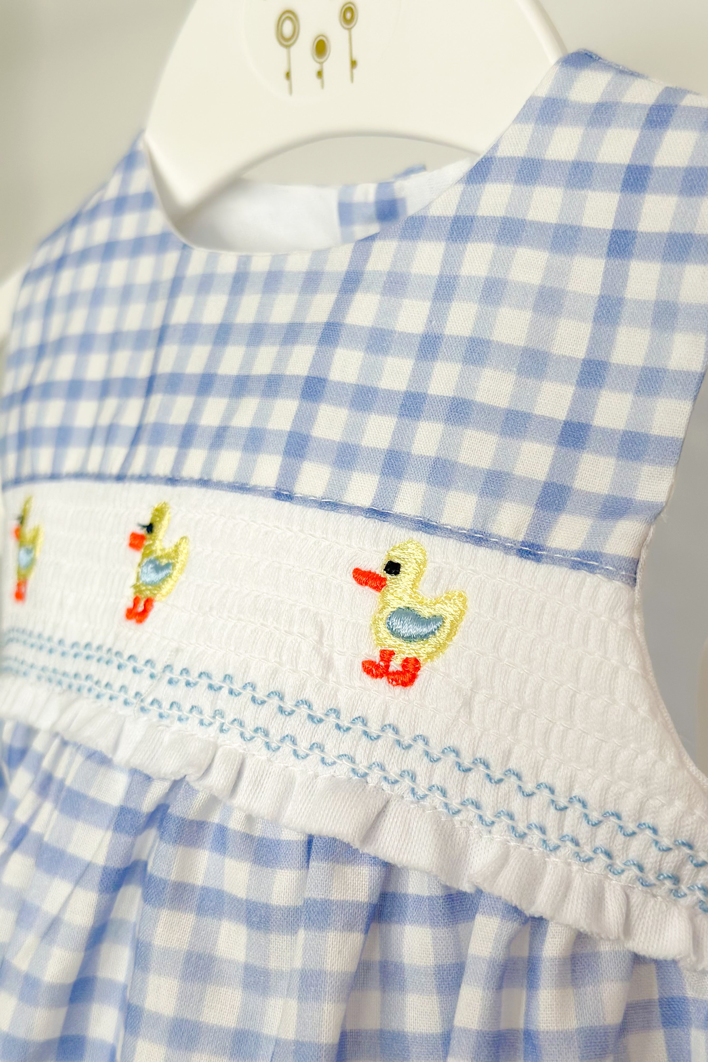 Harrie Blue Gingham Smocked Duck Romper - Cute Baby Girl Outfit for Summer, Photoshoots & Special Occasions