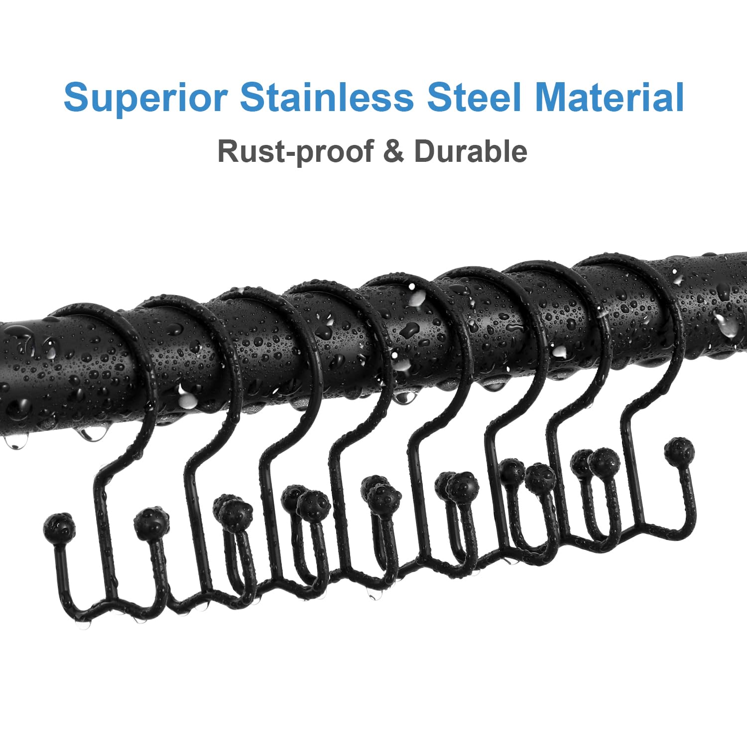 24 Pack Stainless Steel Shower Curtain Hooks - Rustproof Double Sided Rings for Bathroom Curtain Rods - Smooth Gliding Matte Black Hangers (Perfect for Home, Hotel & Apartment Bathroom Decor)