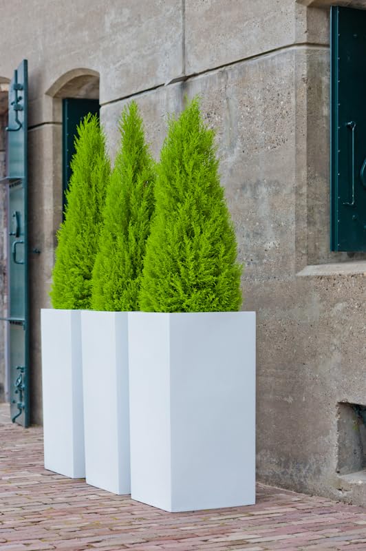Glossy White Square Flower Pot - 23 Inch Tall Fiberstone Planter for Indoor Outdoor Plants - Modern Home Garden Decor for Living Room, Patio, Balcony