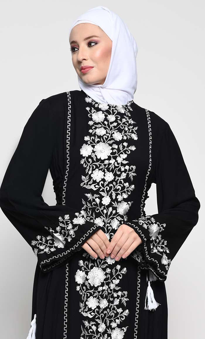 Elegant Rayon A-Line Abaya Dress with Contrast Floral Embroidery & Bell Sleeves - Perfect for Ramadan, Eid, Mosque & Special Occasions