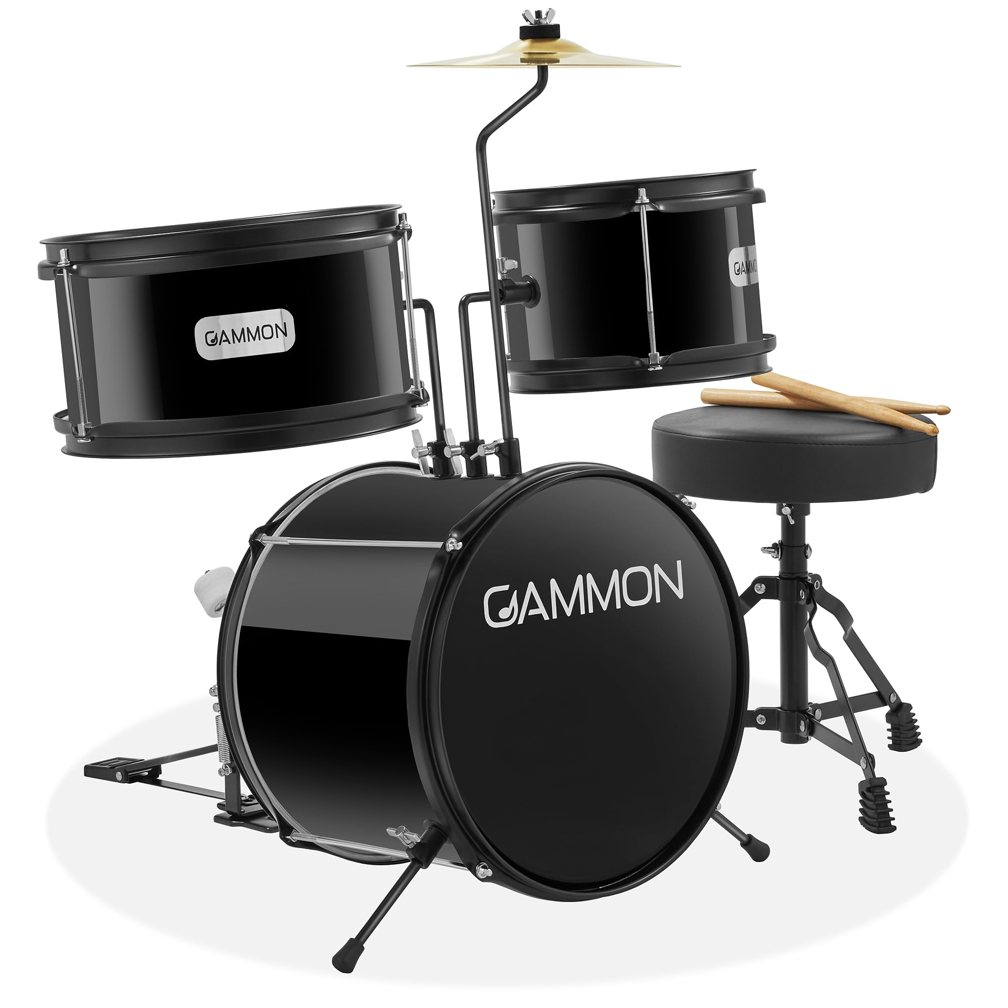 Gammon 3-Piece Junior Drum Set with Throne - Black Complete Beginner Drum Kit with Bass Drum, Toms, Cymbal, Pedal & Drumsticks | Perfect for Kids Learning Music, Home Practice & Small Performances