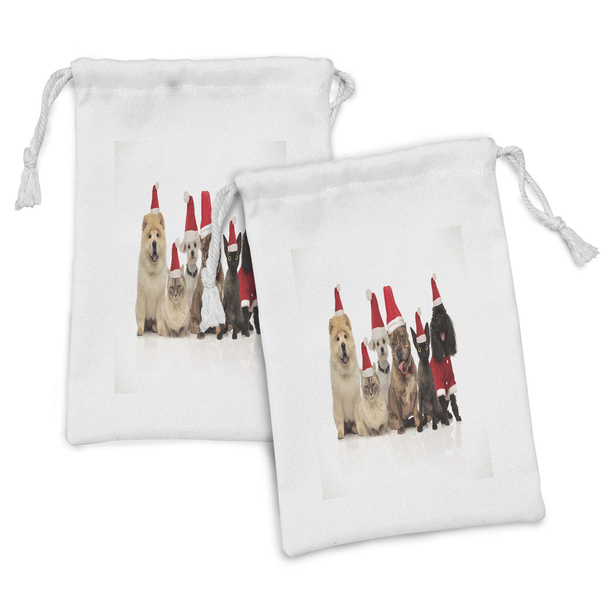 Ambesonne 2-Pack Pet Fabric Pouch Set - Christmas Santa Hat Dog & Cat Drawstring Bags for Toiletries, Masks, Jewelry & Party Favors (9