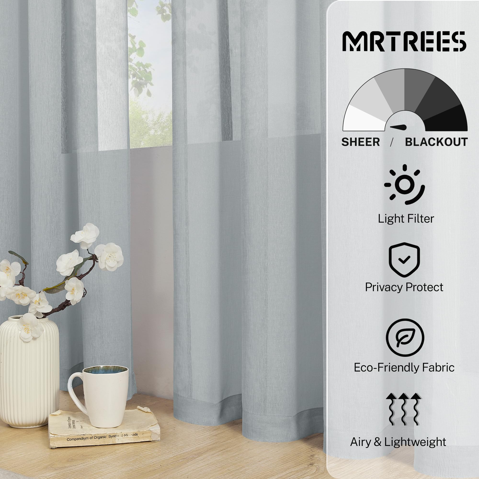 MRTREES Sheer Tier Curtains - 24 Inch Length, Light Filtering Voile Window Panels for Kitchen, Bathroom & Cafe (Gray, 2 Panels, Rod Pocket) - Perfect for Privacy & Soft Natural Lighting in Small Windows