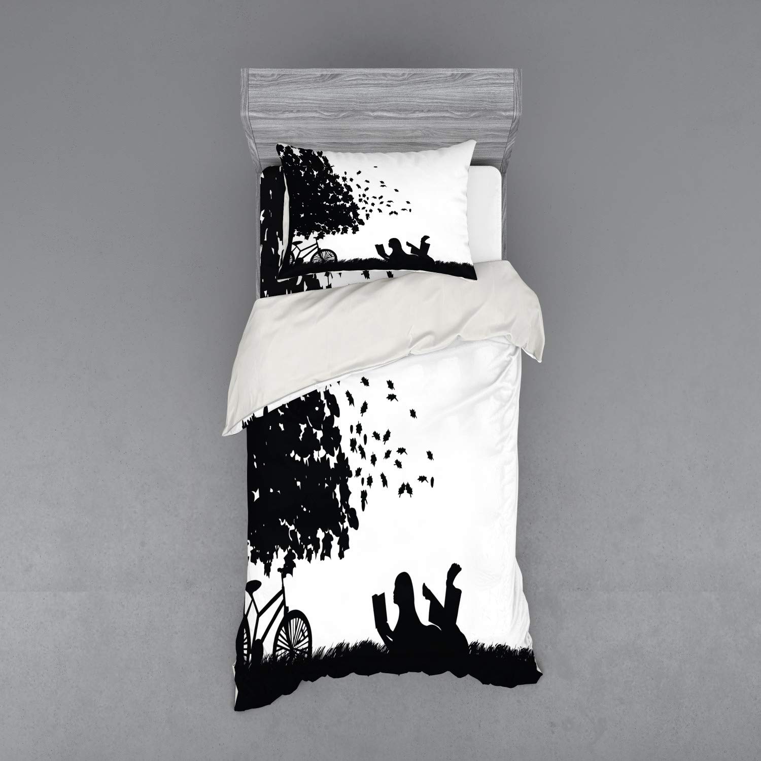 Ambesonne Black and White 3-Piece Twin XL Bedding Set - Fall Tree Silhouette with Girl Reading Book on Bike | Duvet Cover, Sham & Fitted Sheet | Cozy Autumn Bedroom Decor for Teens & Adults