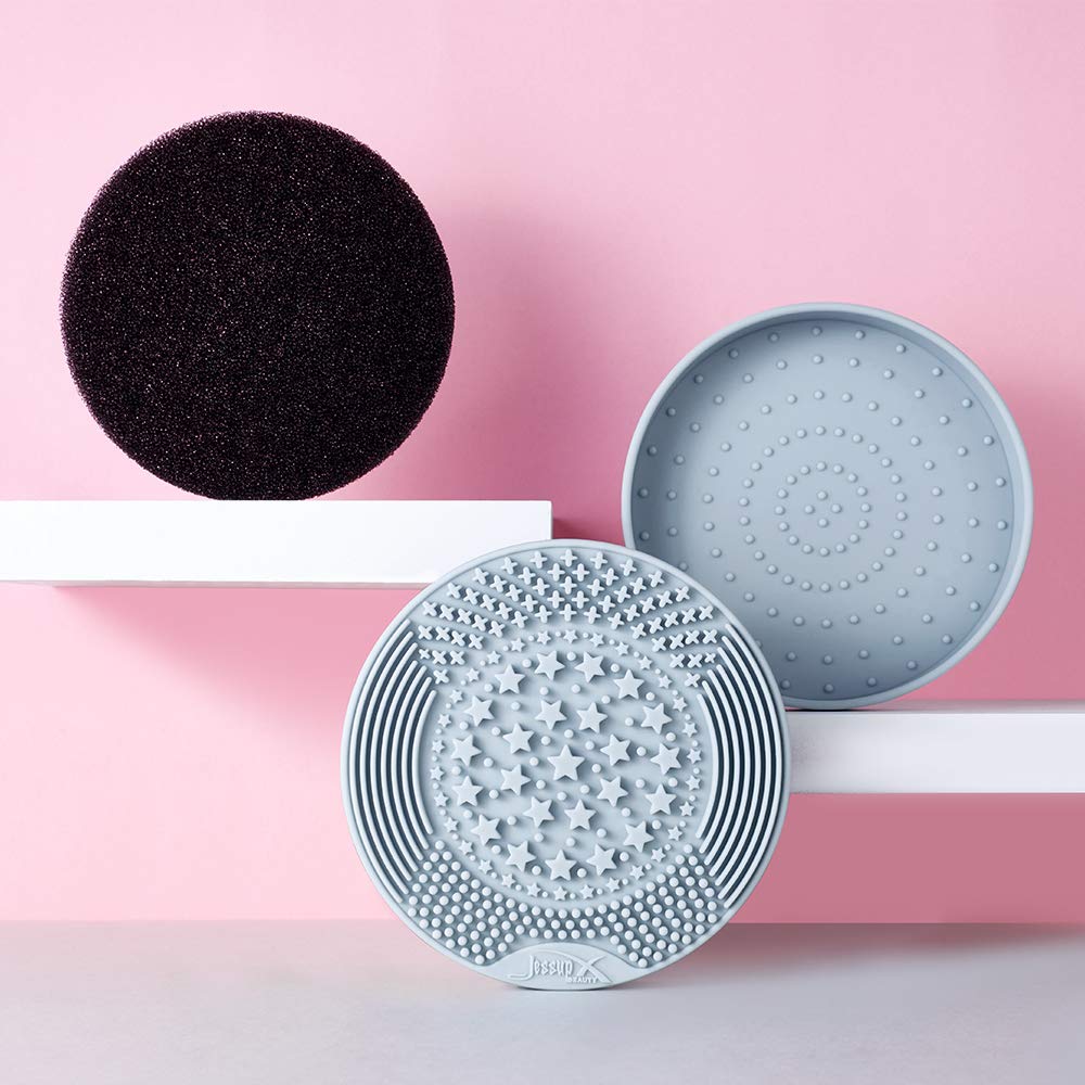 Jessup 2-in-1 Silicone Makeup Brush Cleaner Mat with Color Removal Sponge - Whisper White (A003) | Professional Cosmetic Tool for Easy Brush Cleaning at Home or Salon
