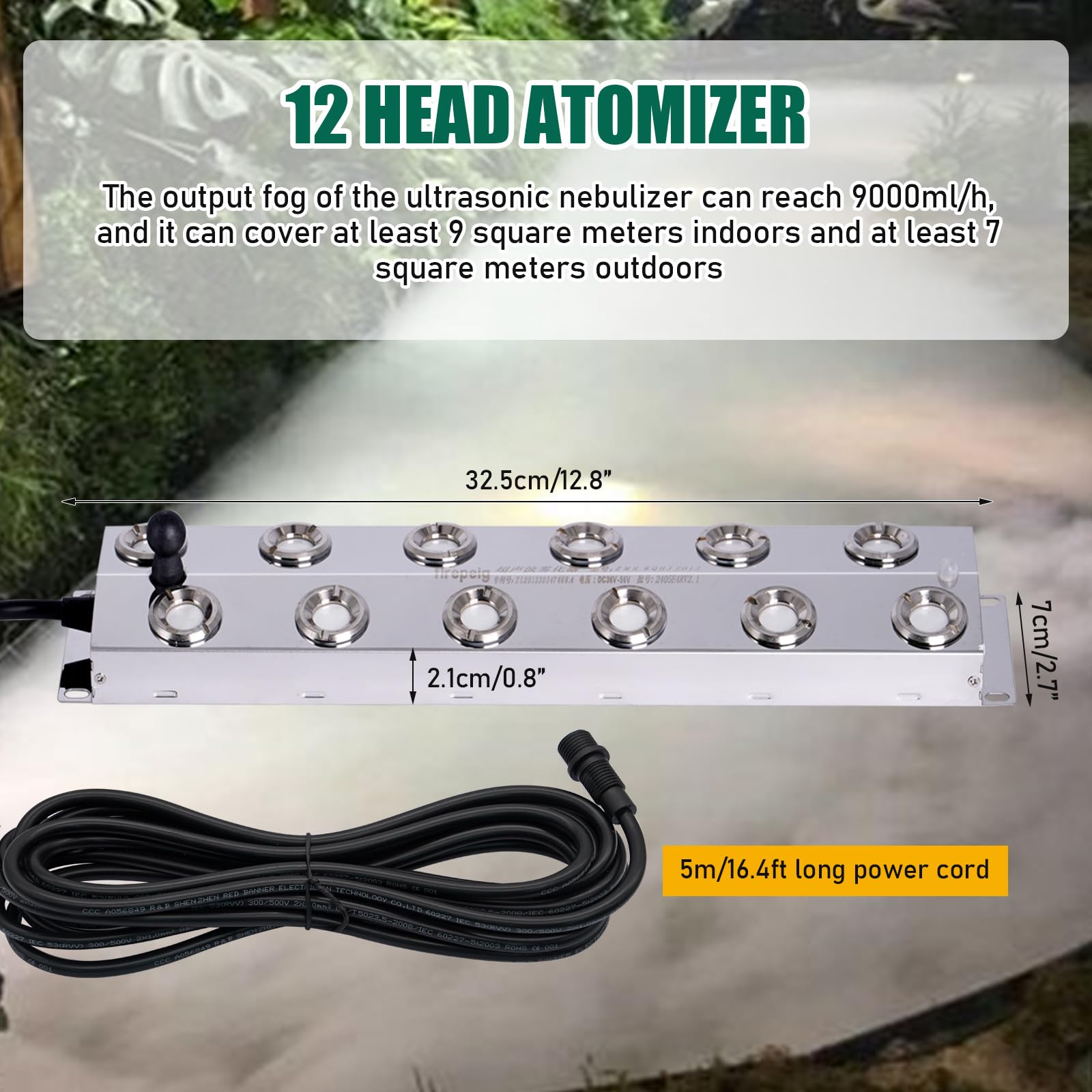 12 Head Ultrasonic Mist Maker Fogger with Float, Waterproof Power Supply & Ceramic Disc - Humidifier for Greenhouse, Halloween Decor, Pond, Garden, and Indoor Plants (Perfect for Home, Party, and Outdoor Use)