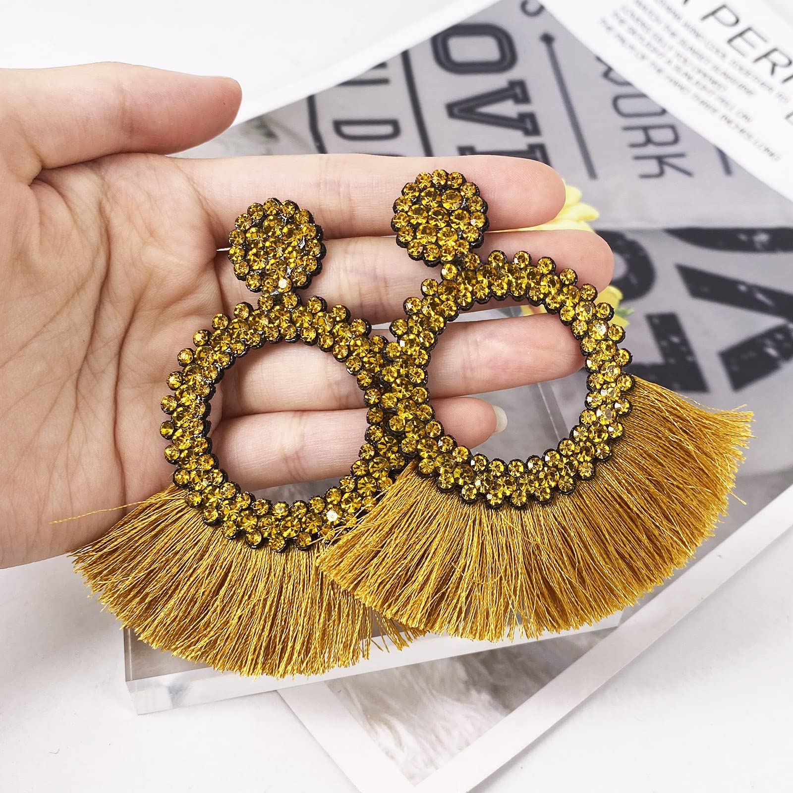 Boho Crystal Tassel Earrings for Women - Sparkly Scalloped Cotton Thread Statement Earrings 3.34