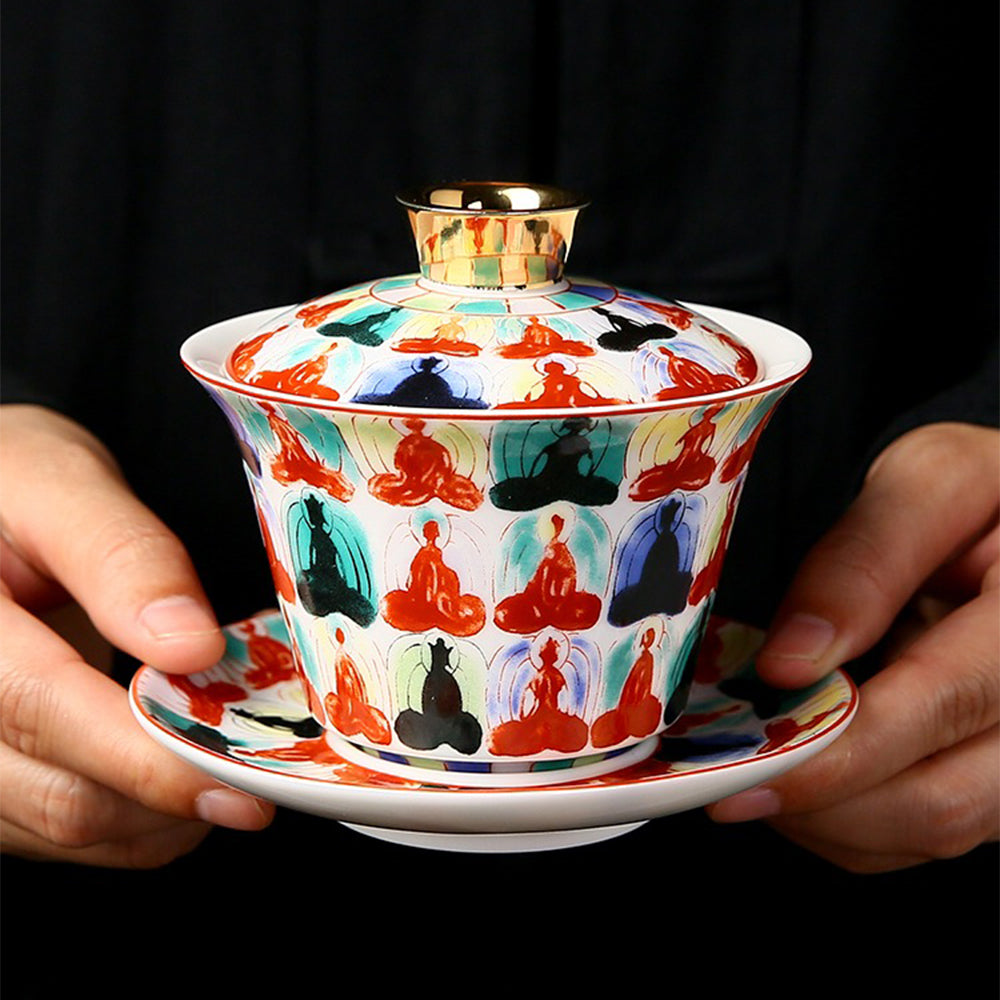Premium Hand-Painted Enamel Porcelain Gaiwan Tea Set - Traditional Chinese Buddha Design - Perfect for Gongfu Tea Ceremony, Meditation & Home Decor