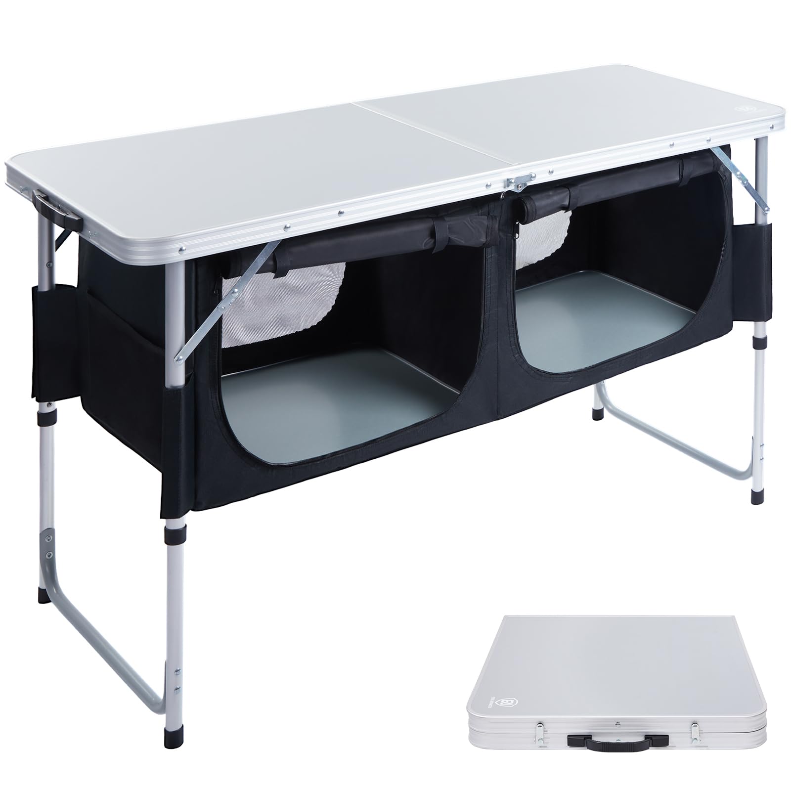 EVER ADVANCED 4ft x 2ft Folding Camping Table with Storage - Adjustable Aluminum Composite Desktop - Portable Outdoor Kitchen Table for Tailgating, Backyard, BBQ, Picnic & Camping - Perfect for Parties, RV Trips & Beach Outings