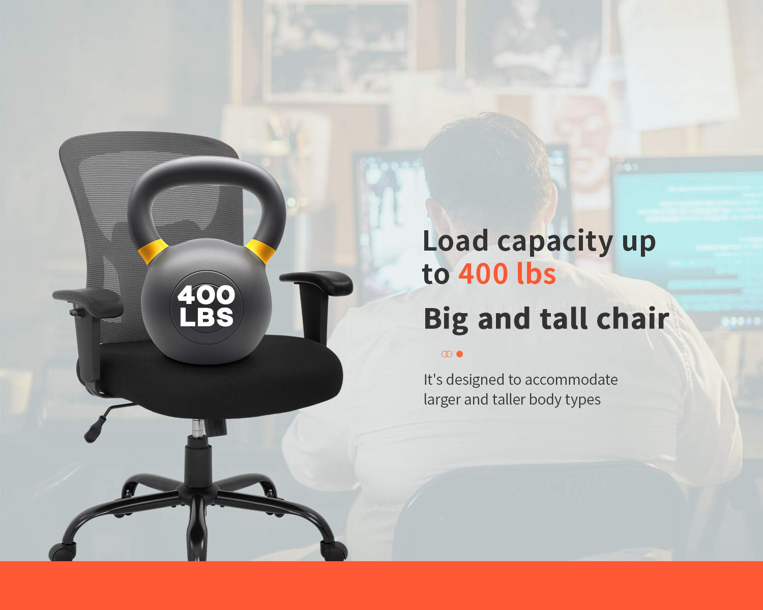 Big and Tall Office Chair 400lbs Capacity - Extra Wide Seat Ergonomic Mesh Computer Chair with Lumbar Support & Adjustable Arms - Heavy Duty Swivel Rolling Task Chair for Large People (Grey) - Perfect for Home Office, Gaming, and Long Work Sessions