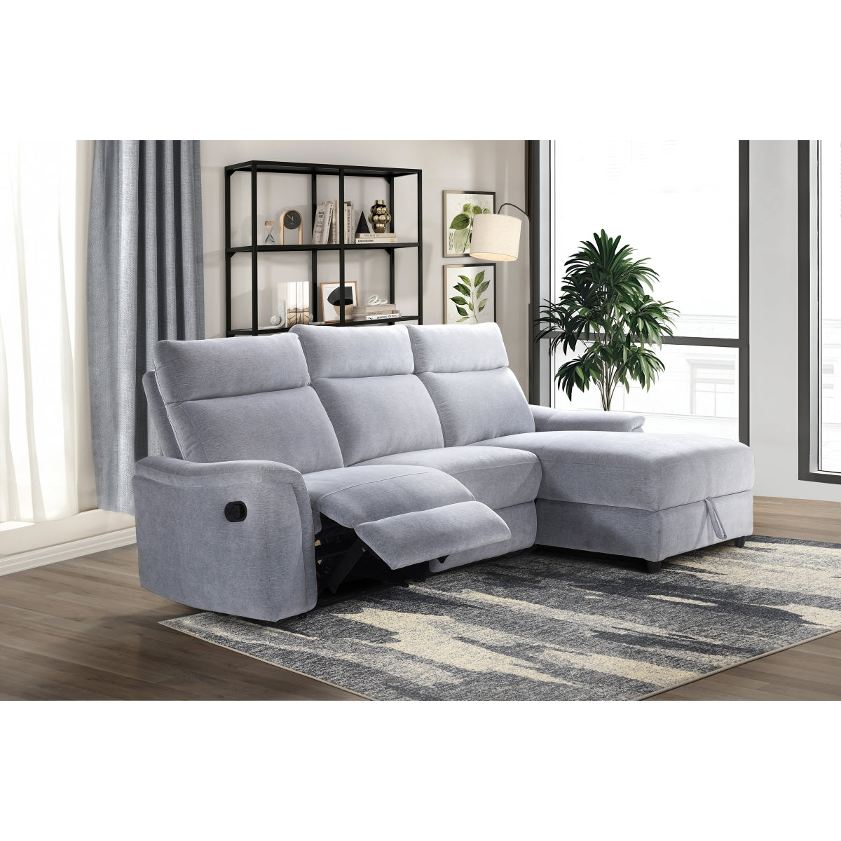 Luxury Grey Chenille 3-Piece Sectional Sofa Set with Storage Chaise & Recliner - Perfect for Living Room, Family Room & Home Theater Comfort