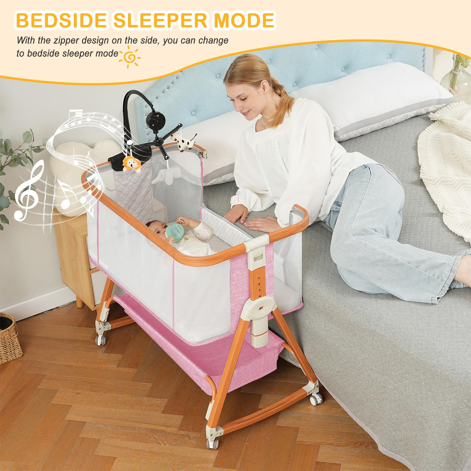 3-in-1 Adjustable Baby Bassinet Bedside Sleeper with Musical Toy & Storage Basket - Portable Crib with 4-Sided Mesh & Wheels for Newborns 0-6 Months (Pink) - Perfect for Nursery, Bedroom & Travel Use