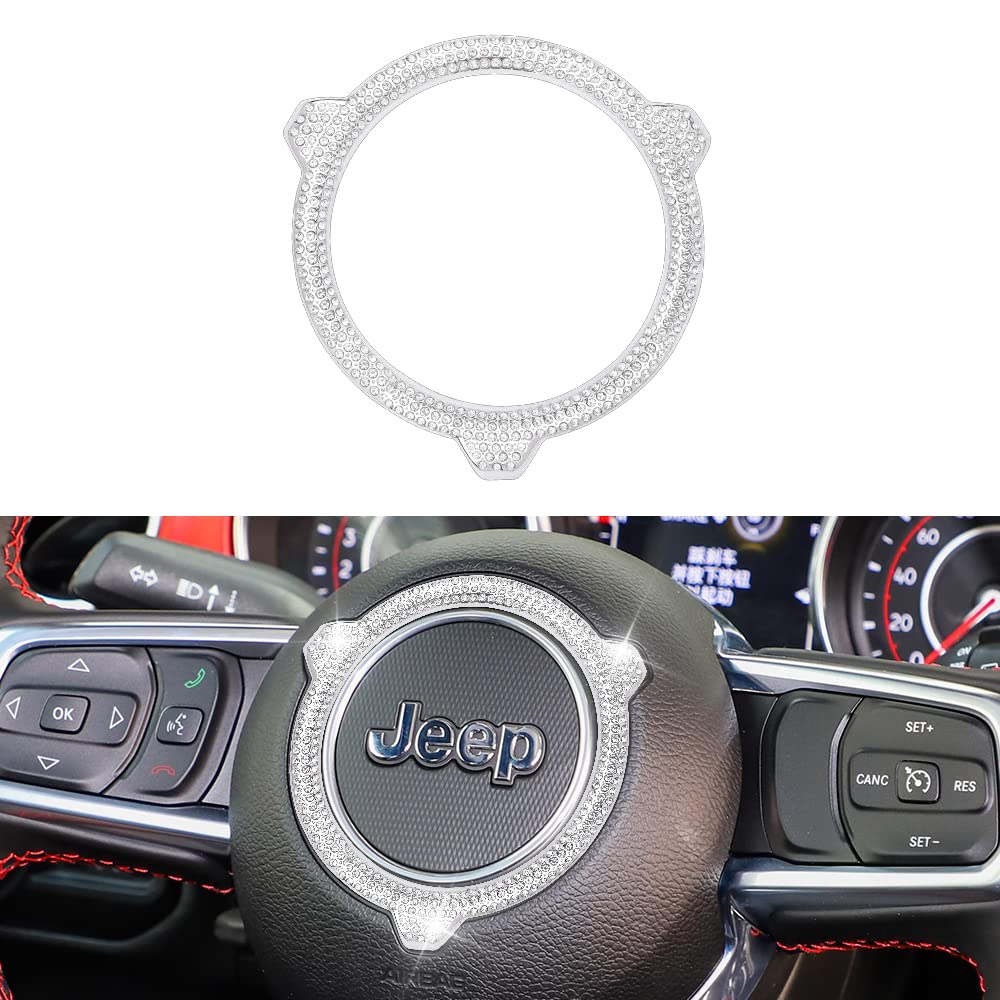 **2018-2022 Jeep Wrangler JL & Gladiator JT Bling Steering Wheel Logo Emblem Cover Ring – Crystal Silver | Premium Car Accessories for Style & Protection**    *(Use Case: Enhance your Jeep's interior with this stylish crystal silver emblem cover, adding luxury and protecting your steering wheel logo from scratches.)*