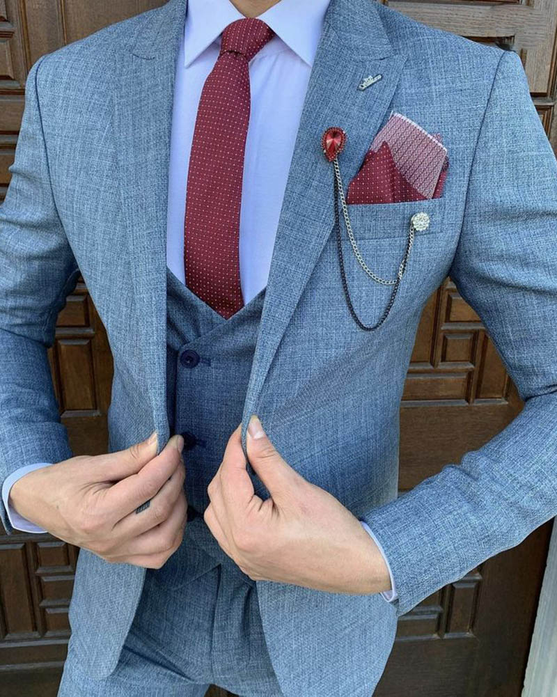 Elegant Dusty Blue Linen 3-Piece Men's Suit for Wedding, Prom & Formal Events | Breathable Summer Suit for Grooms, Groomsmen & Special Occasions