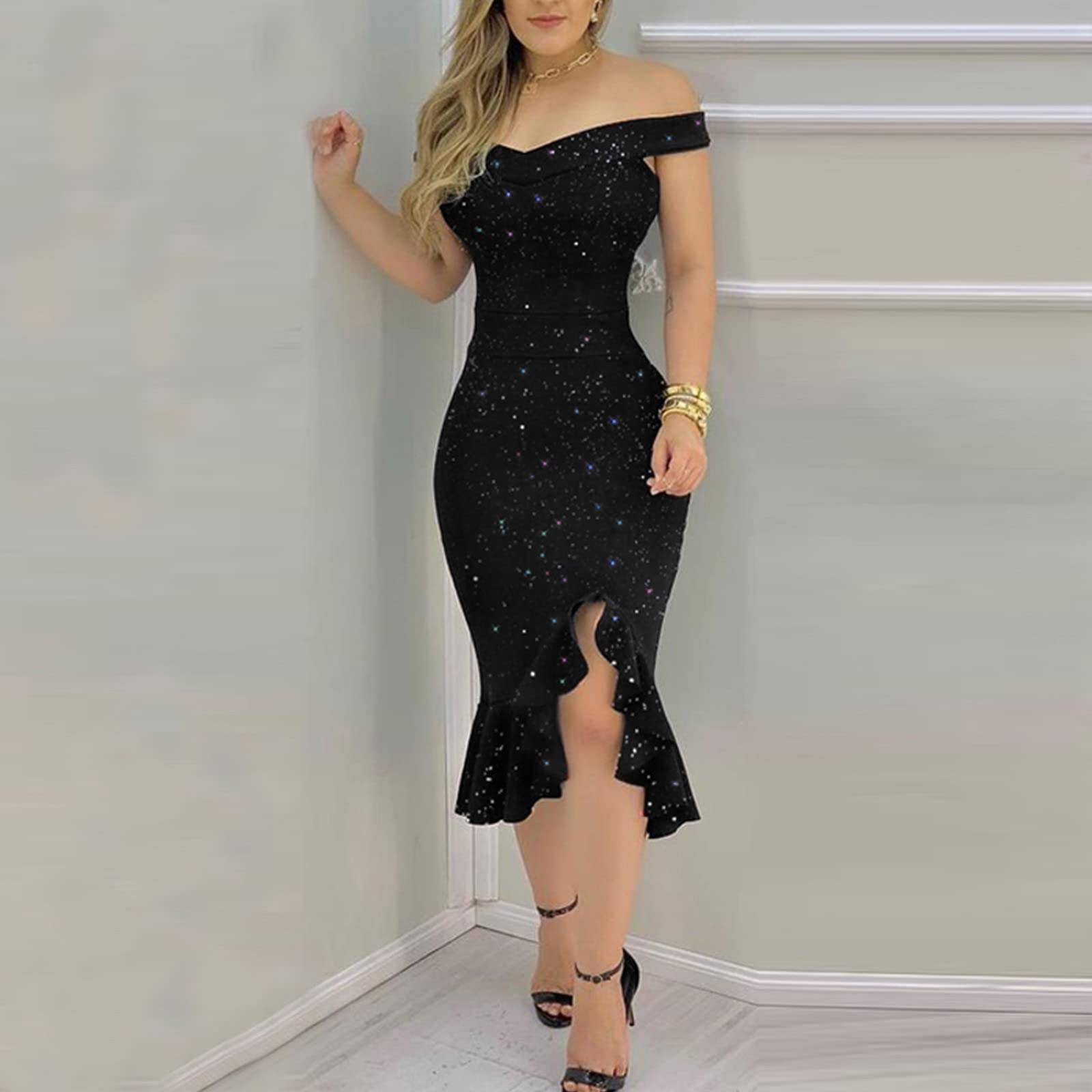 Sexy Off Shoulder Summer Dress for Women - Short Sleeve Sequin Ruffle Cocktail Dress with Unique Asymmetrical Hem | Perfect for Beach Parties, Date Nights & Club Outings