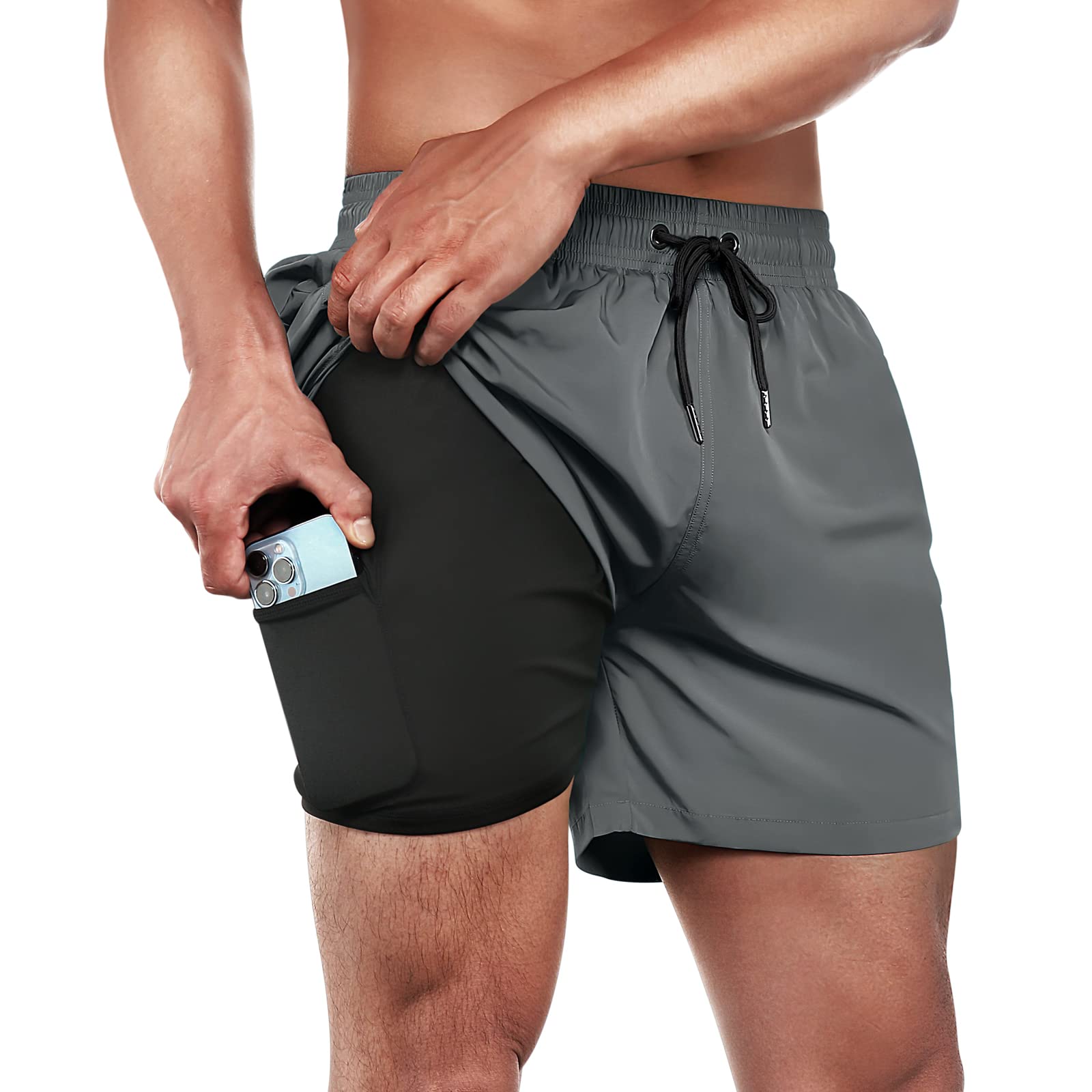 BRISIRA Men's Quick Dry 5 Inch Swim Trunks with Compression Liner & Zipper Pocket - Lightweight Beach Shorts for Swimming, Surfing, and Summer Vacation